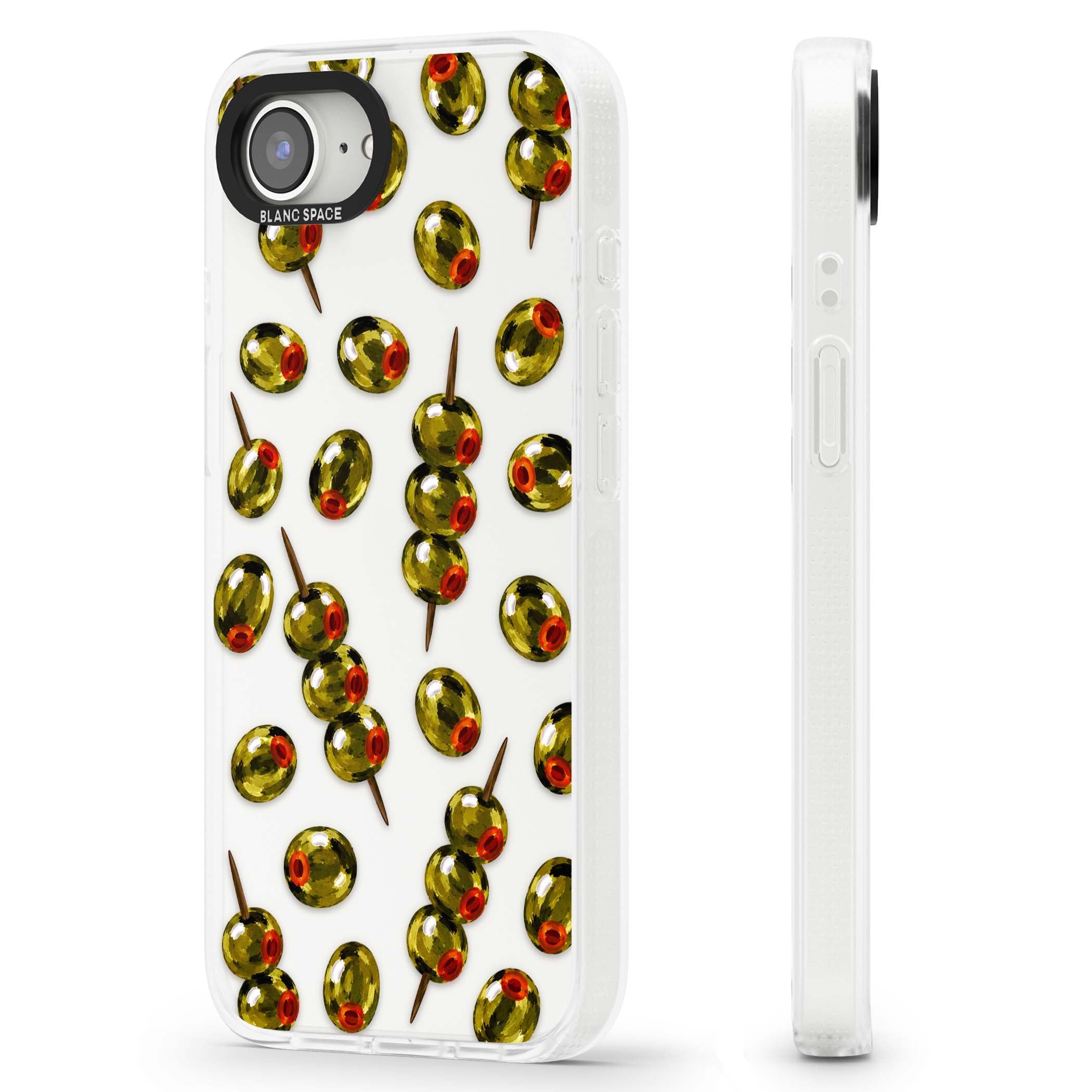 Painted Olives cocktail iPhone case featuring green olives, pimento centres and toothpick skewers on a clear background | Clear Case Impact Air case for iPhone 16e, iPhone 17e