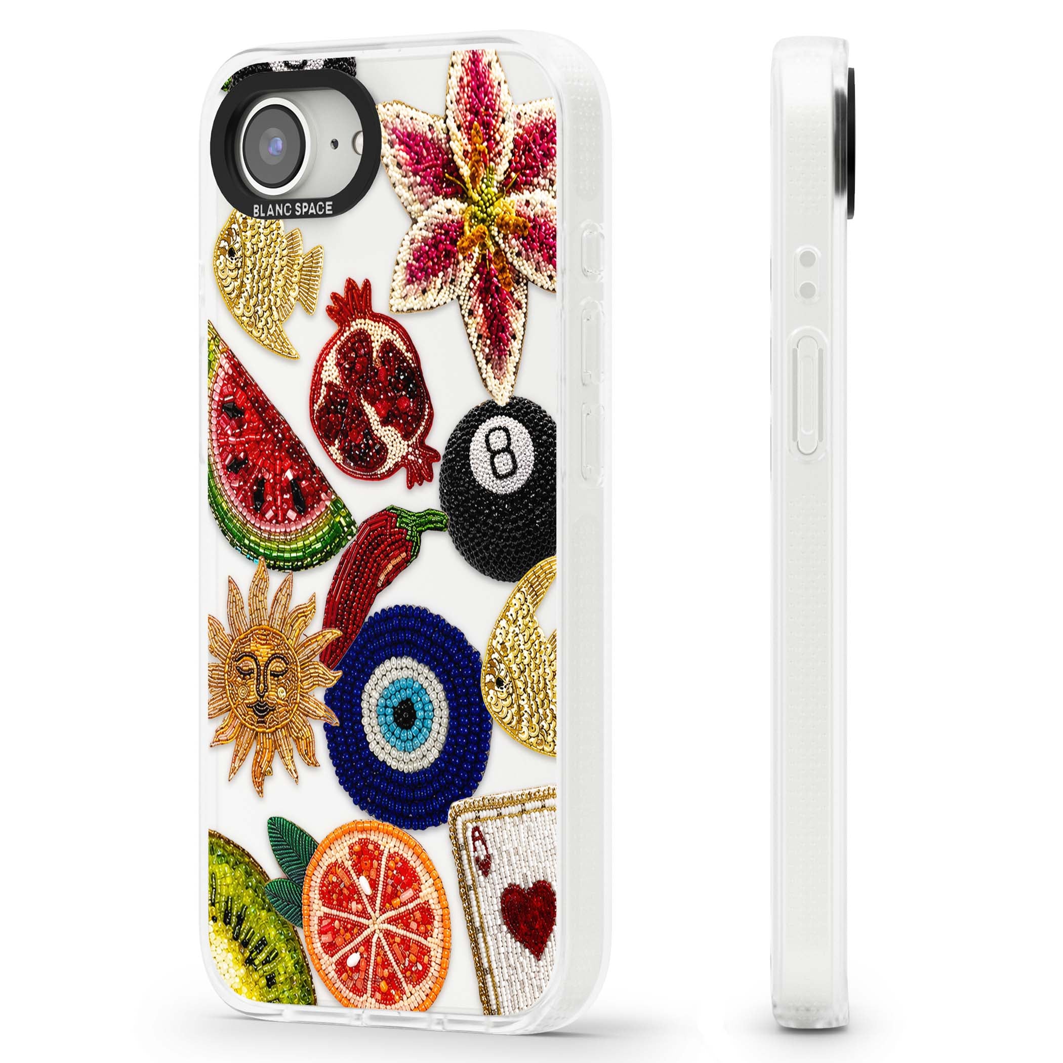 Beaded Charms embroidery iPhone case featuring beaded evil eye, fruit patches and a golden sun motif | Clear Case Impact Air case for iPhone 16e, iPhone 17e