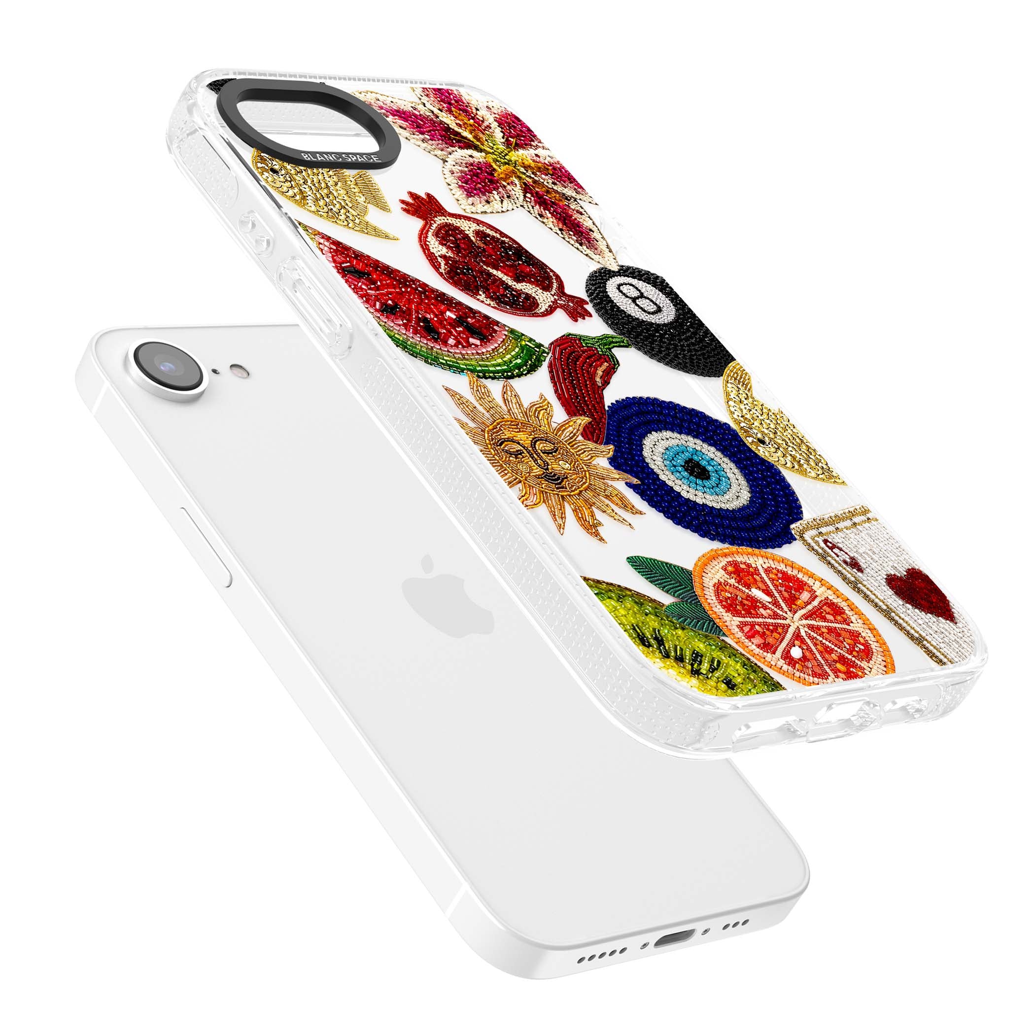 Beaded Charms embroidery iPhone case featuring beaded evil eye, fruit patches and a golden sun motif | Clear Case Impact Air case for iPhone 16e, iPhone 17e