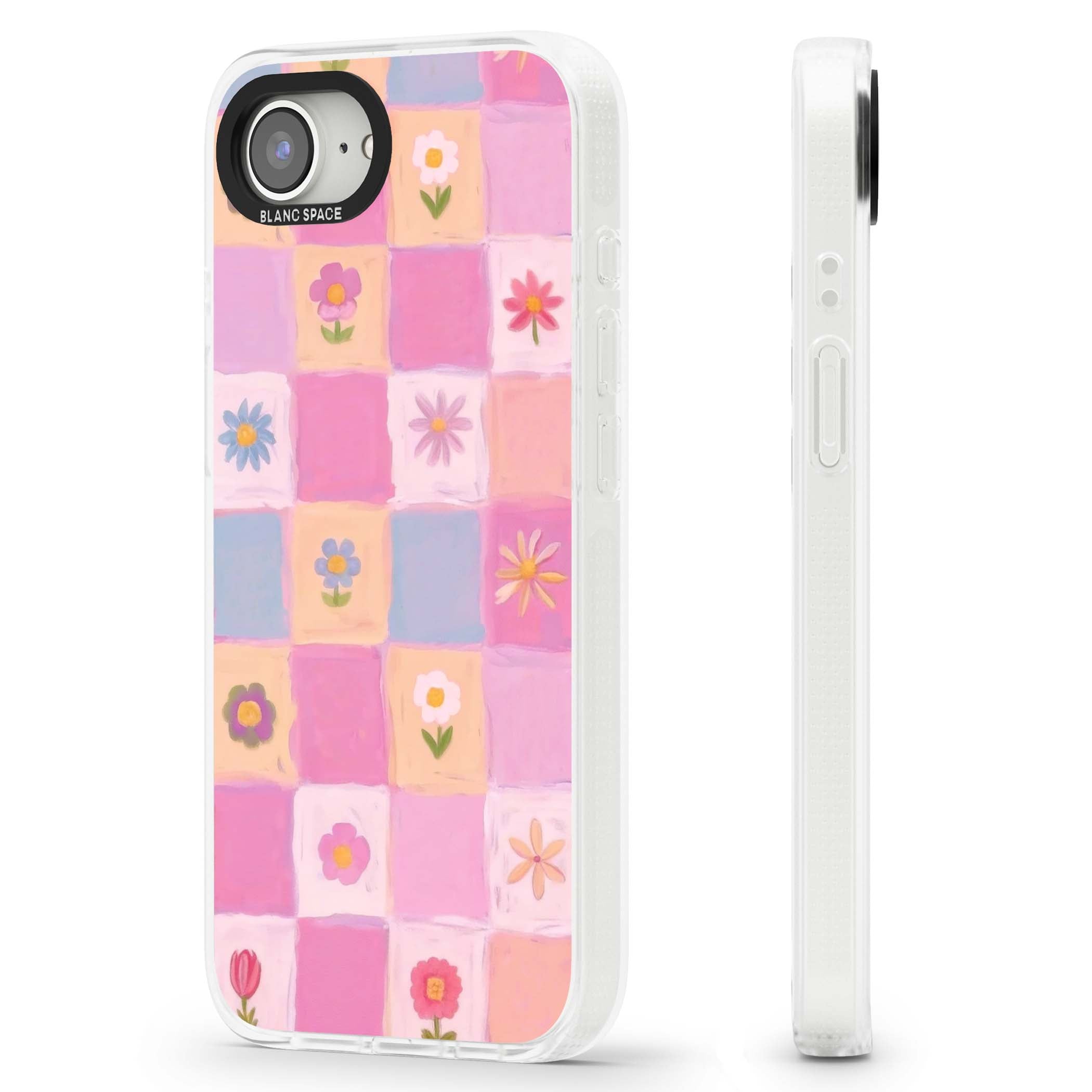 Pastel Flower Patchwork cottagecore iPhone case featuring painted pink and lilac squares with daisies and wildflowers | Clear Case Impact Air case for iPhone 16e, iPhone 17e