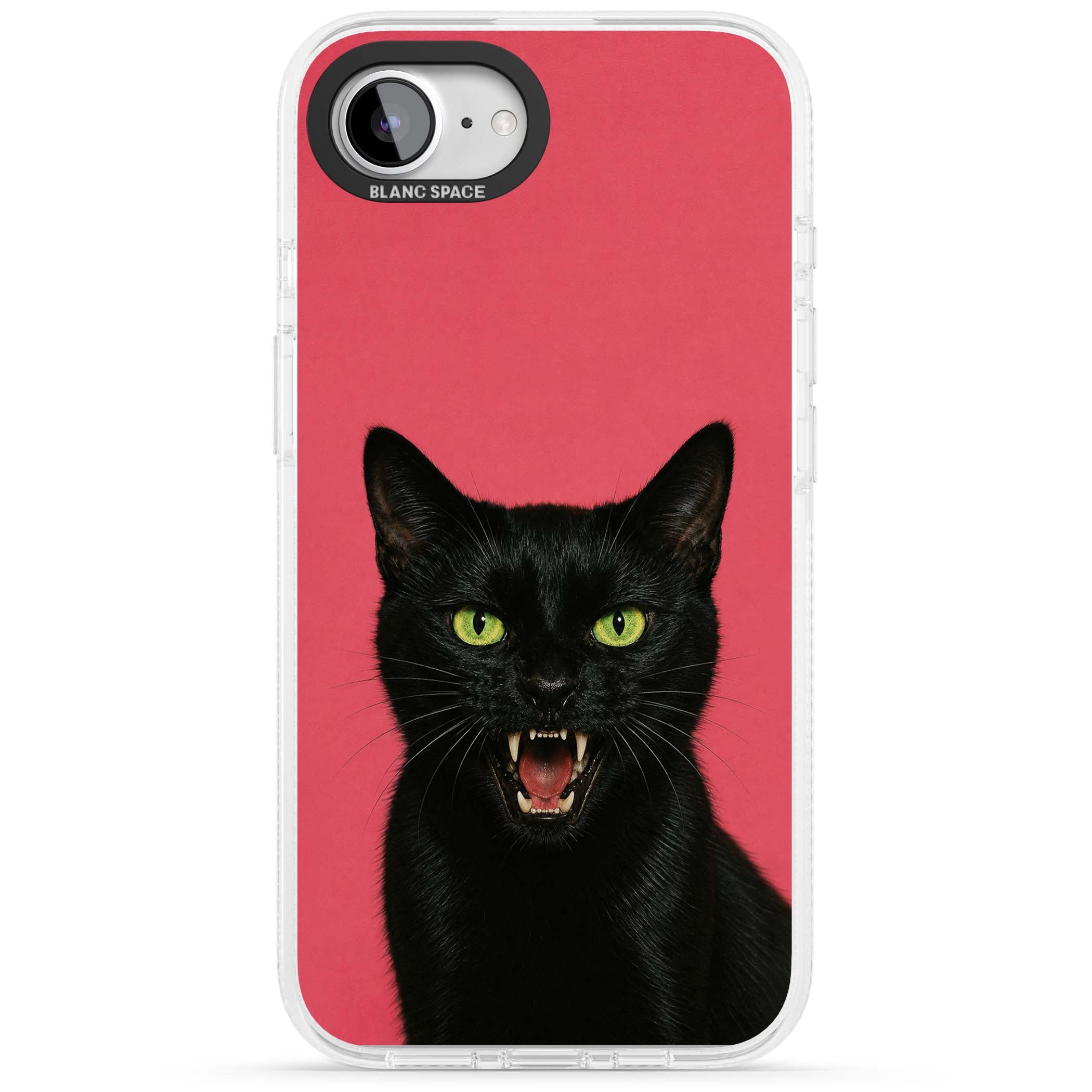 Hissin' Baddie black cat iPhone case featuring a hissing feline with green eyes on a hot pink background | Clear Case Impact Air case for iPhone 16e, iPhone 17e