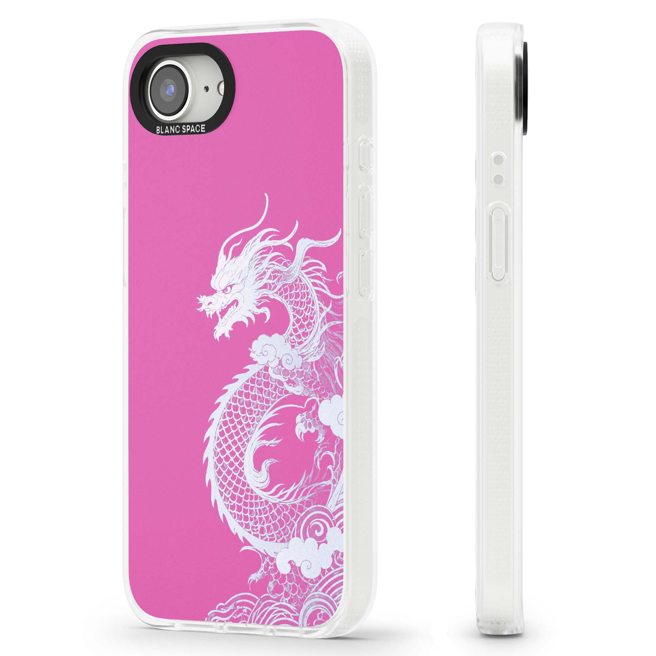 Pink Empress chinese dragon iPhone case featuring a white dragon, swirling clouds and pink dragon wallpaper backdrop | Clear Case Impact Air case for iPhone 16e, iPhone 17e