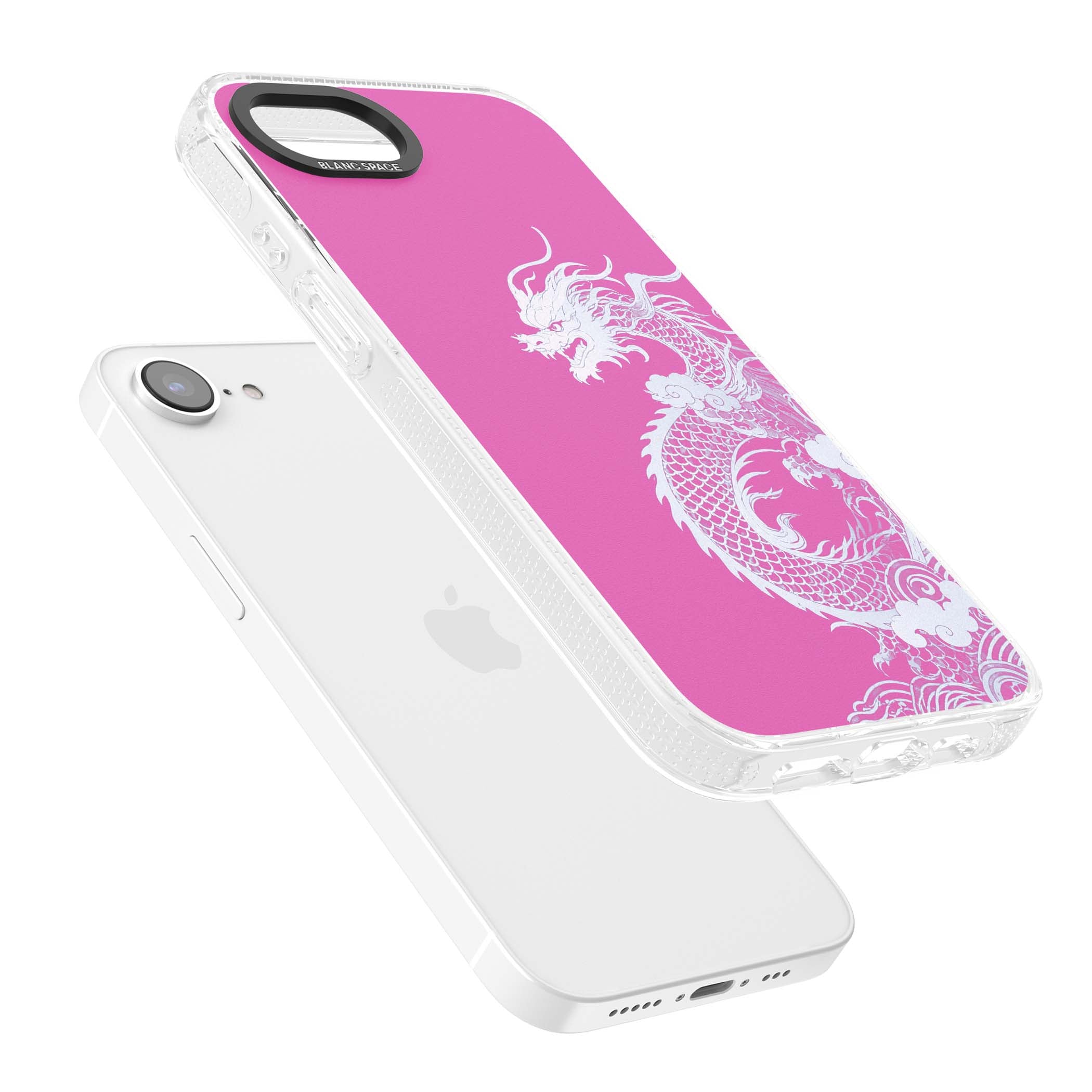 Pink Empress chinese dragon iPhone case featuring a white dragon, swirling clouds and pink dragon wallpaper backdrop | Clear Case Impact Air case for iPhone 16e, iPhone 17e