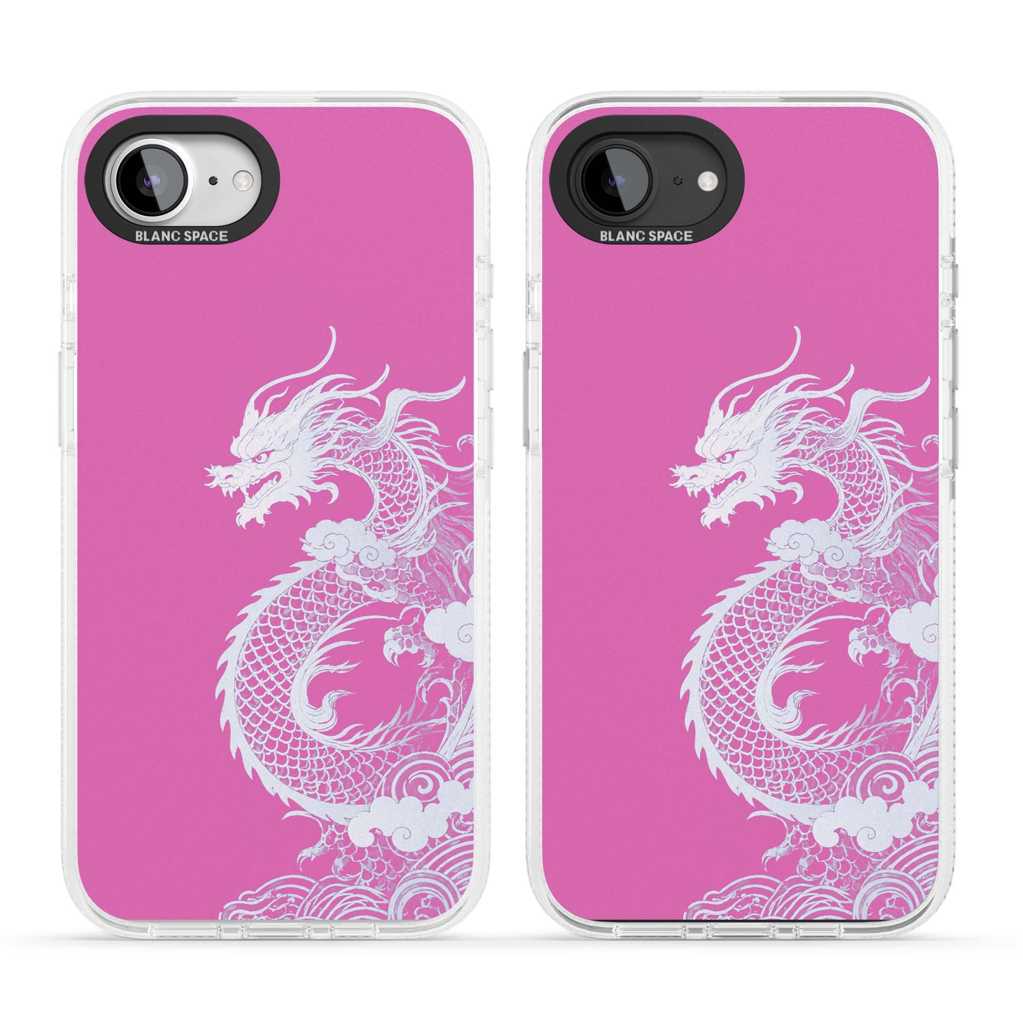 Pink Empress chinese dragon iPhone case featuring a white dragon, swirling clouds and pink dragon wallpaper backdrop | Clear Case Impact Air case for iPhone 16e, iPhone 17e