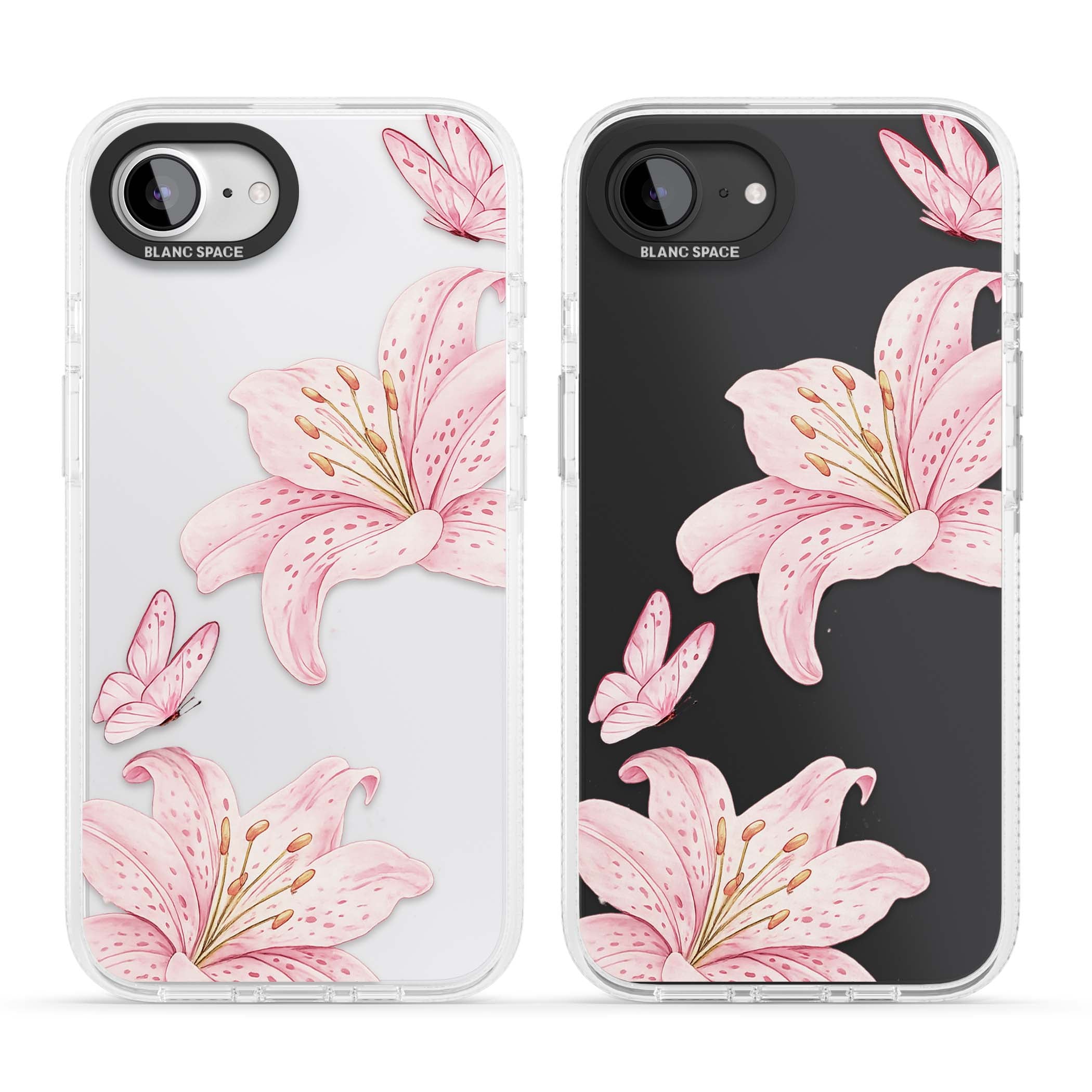 Lily Whisper floral iPhone case featuring pink watercolour lilies and delicate butterflies on a clear background | Clear Case Impact Air case for iPhone 16e, iPhone 17e