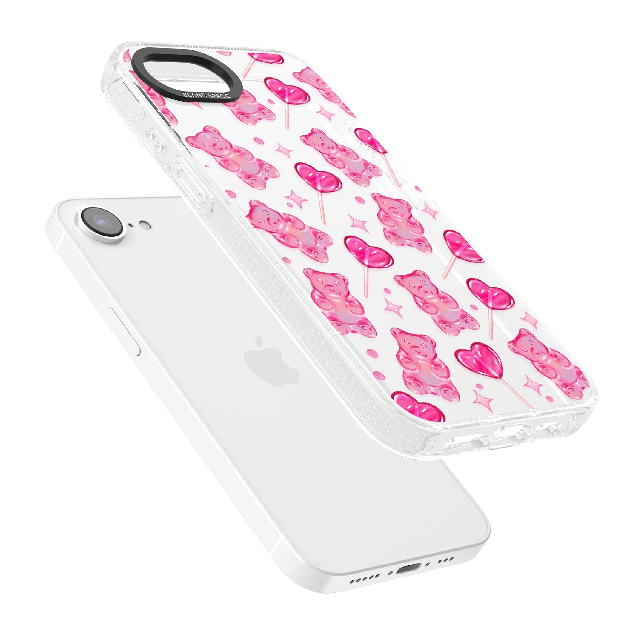 Pink Sugar pinkcore iPhone case featuring pink gummy bears, heart-shaped lollipops and sparkle stars | Clear Case Impact Air case for iPhone 16e, iPhone 17e