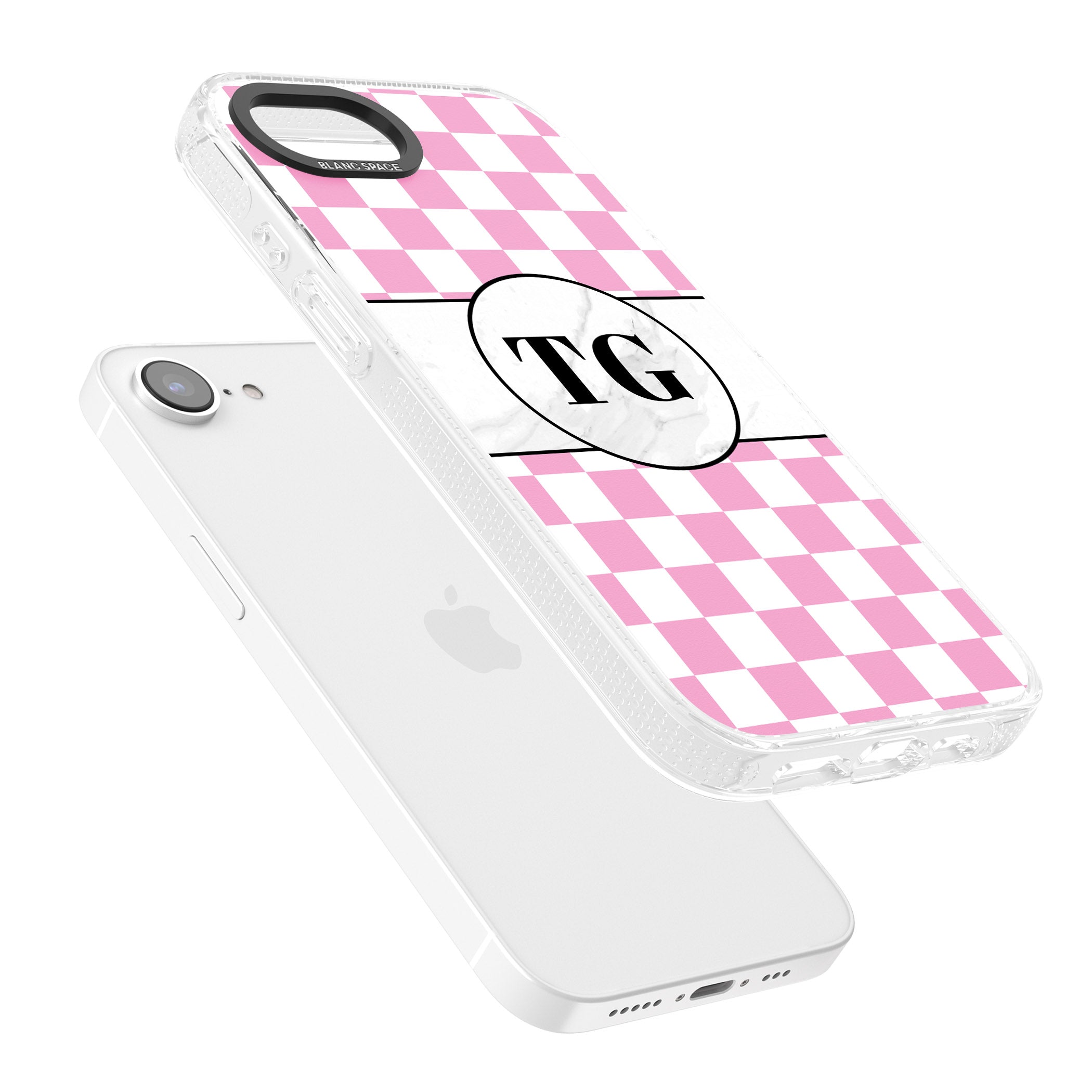 Personalised Monogrammed Pink Check iPhone 16e Clear Case Impact Air - Blanc Space