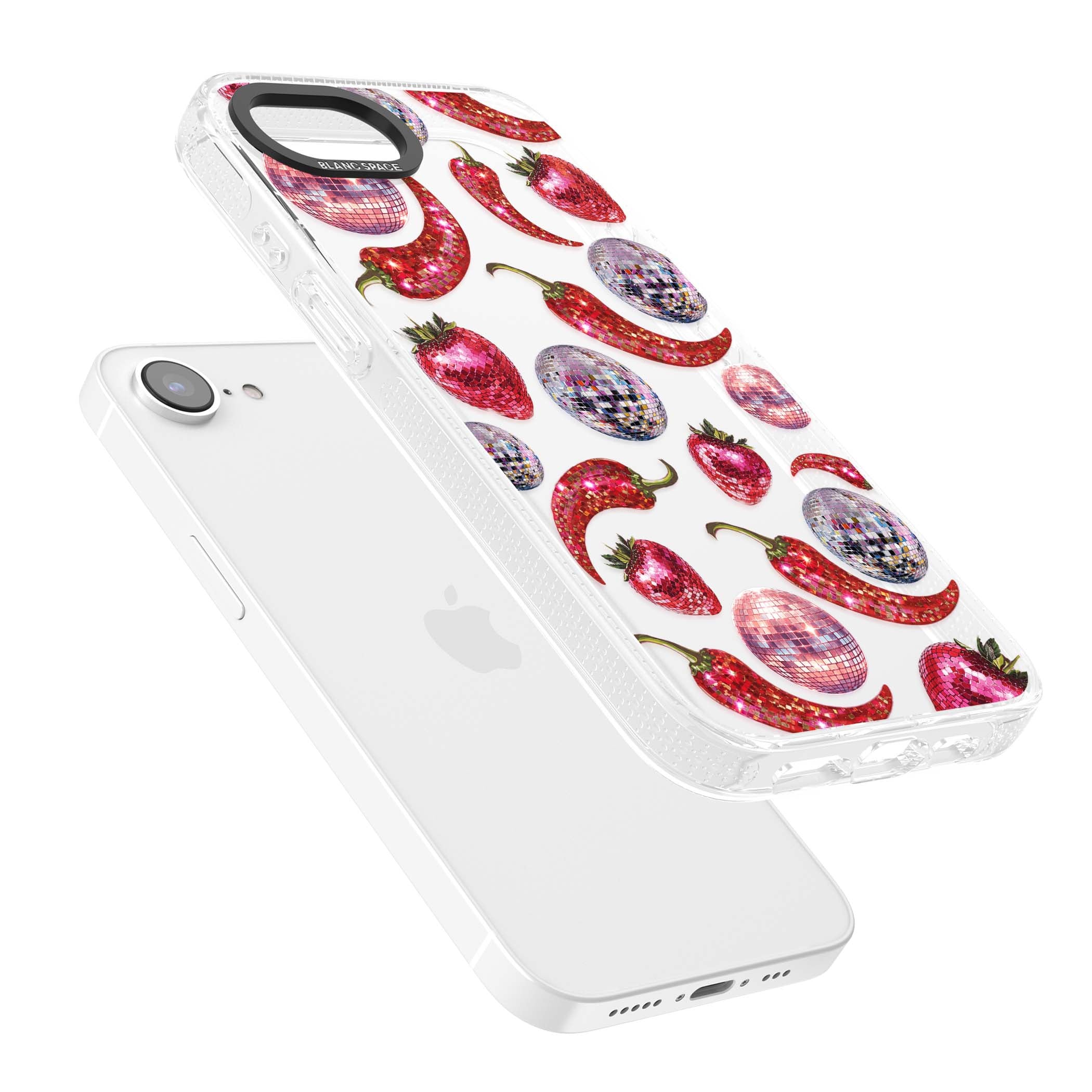 Spicy Disco Y2K iPhone case featuring glitter disco balls, sparkly strawberries and red chilli peppers | Clear Case Impact Air case for iPhone 16e, iPhone 17e