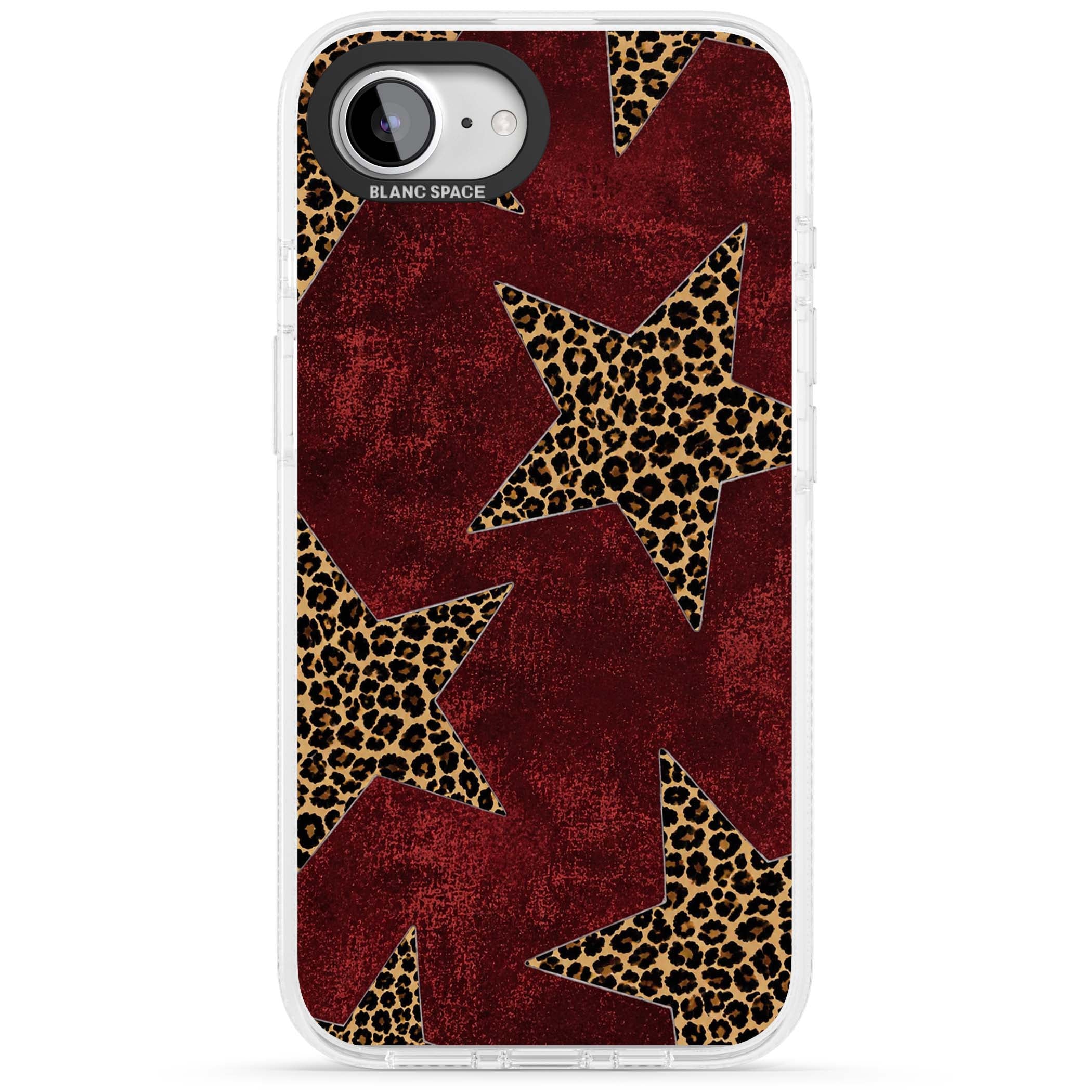 Showgirl leopard print iPhone case featuring cheetah print stars on distressed red grunge background | Clear Case Impact Air case for iPhone 16e, iPhone 17e