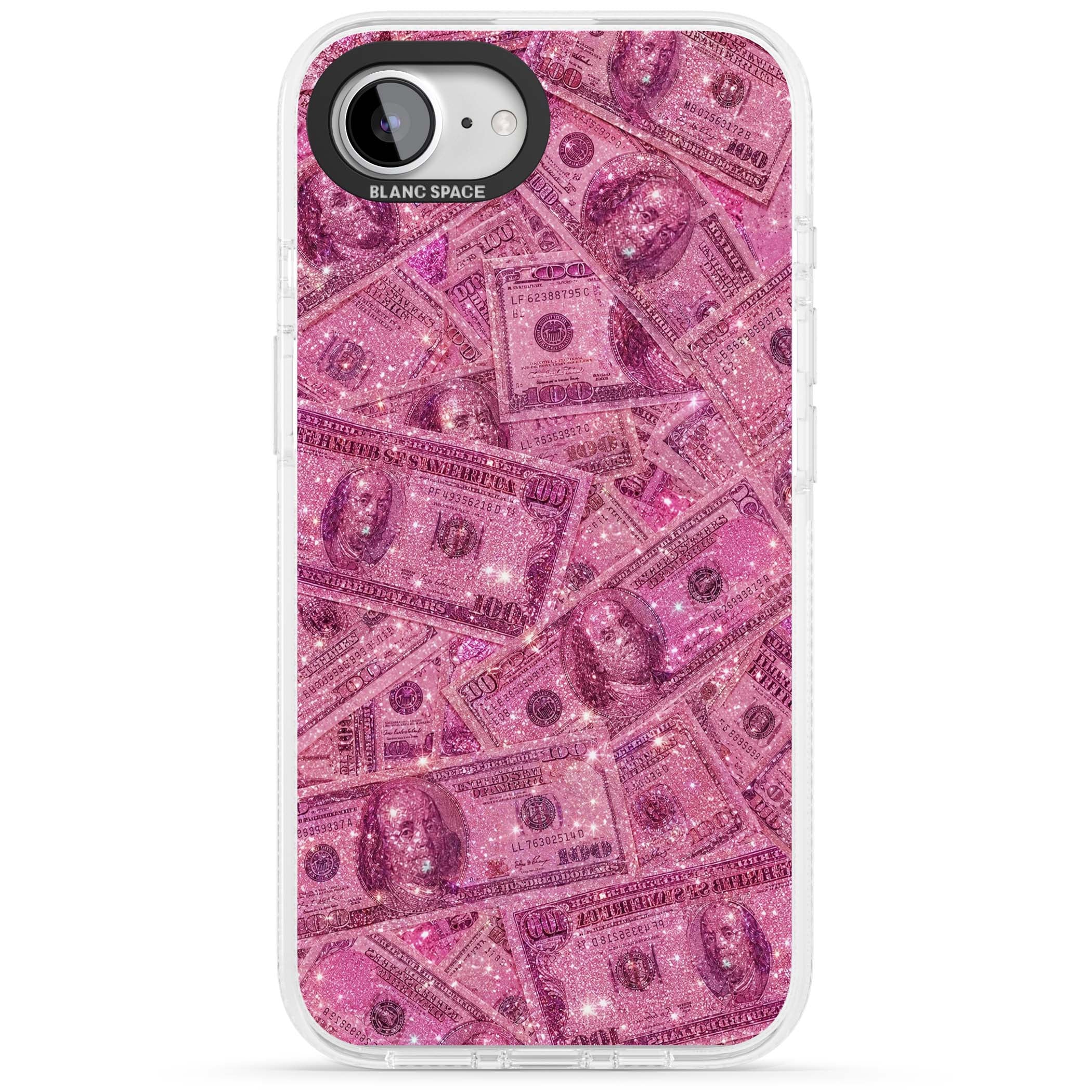 Glamorous baddie iPhone case featuring pink glitter hundred dollar bills and sparkling money wallpaper design | Clear Case Impact Air case for iPhone 16e, iPhone 17e