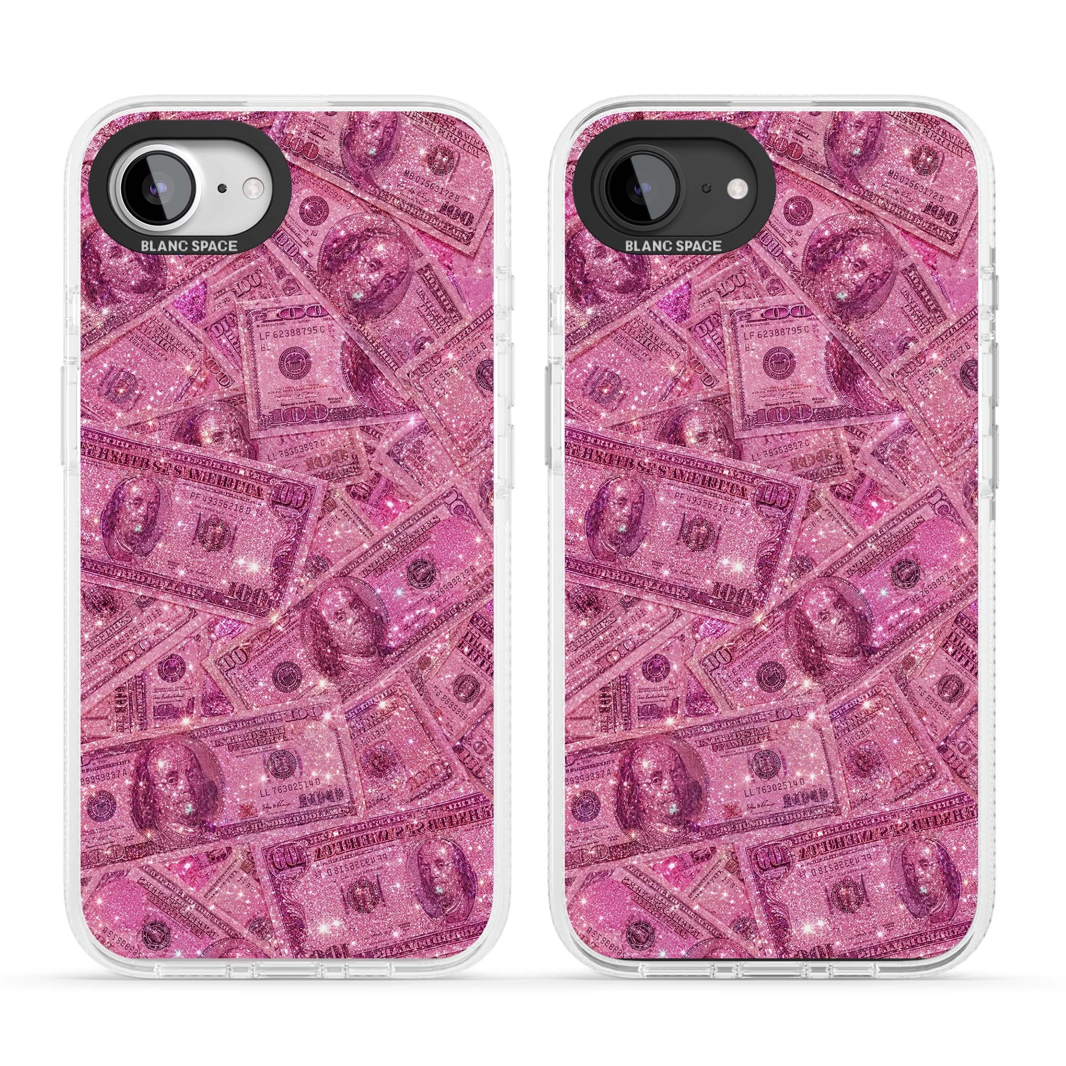Glamorous baddie iPhone case featuring pink glitter hundred dollar bills and sparkling money wallpaper design | Clear Case Impact Air case for iPhone 16e, iPhone 17e