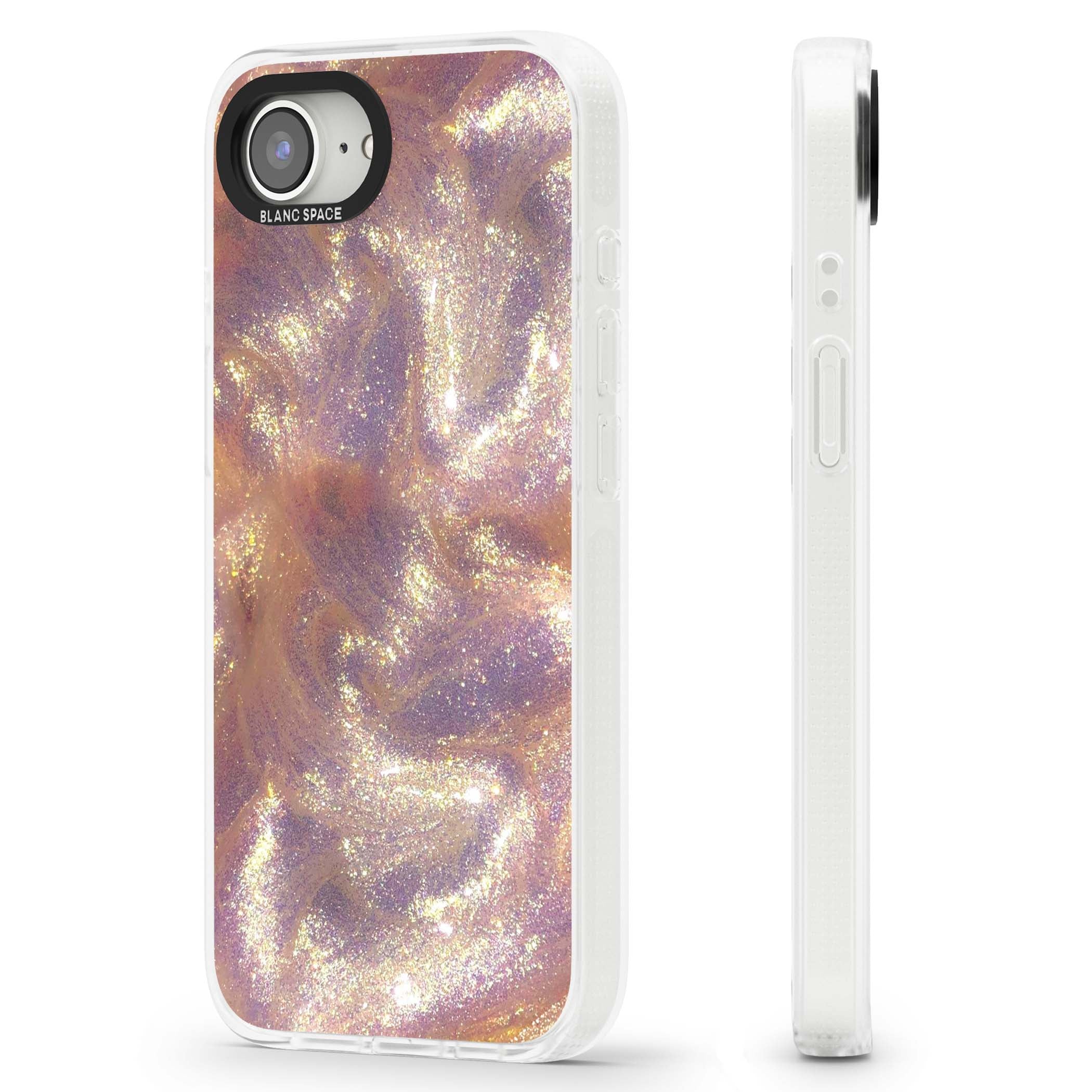 Shimmer marble iPhone case featuring rose gold glitter swirls, lilac shimmer and iridescent pearl finish | Clear Case Impact Air case for iPhone 16e, iPhone 17e