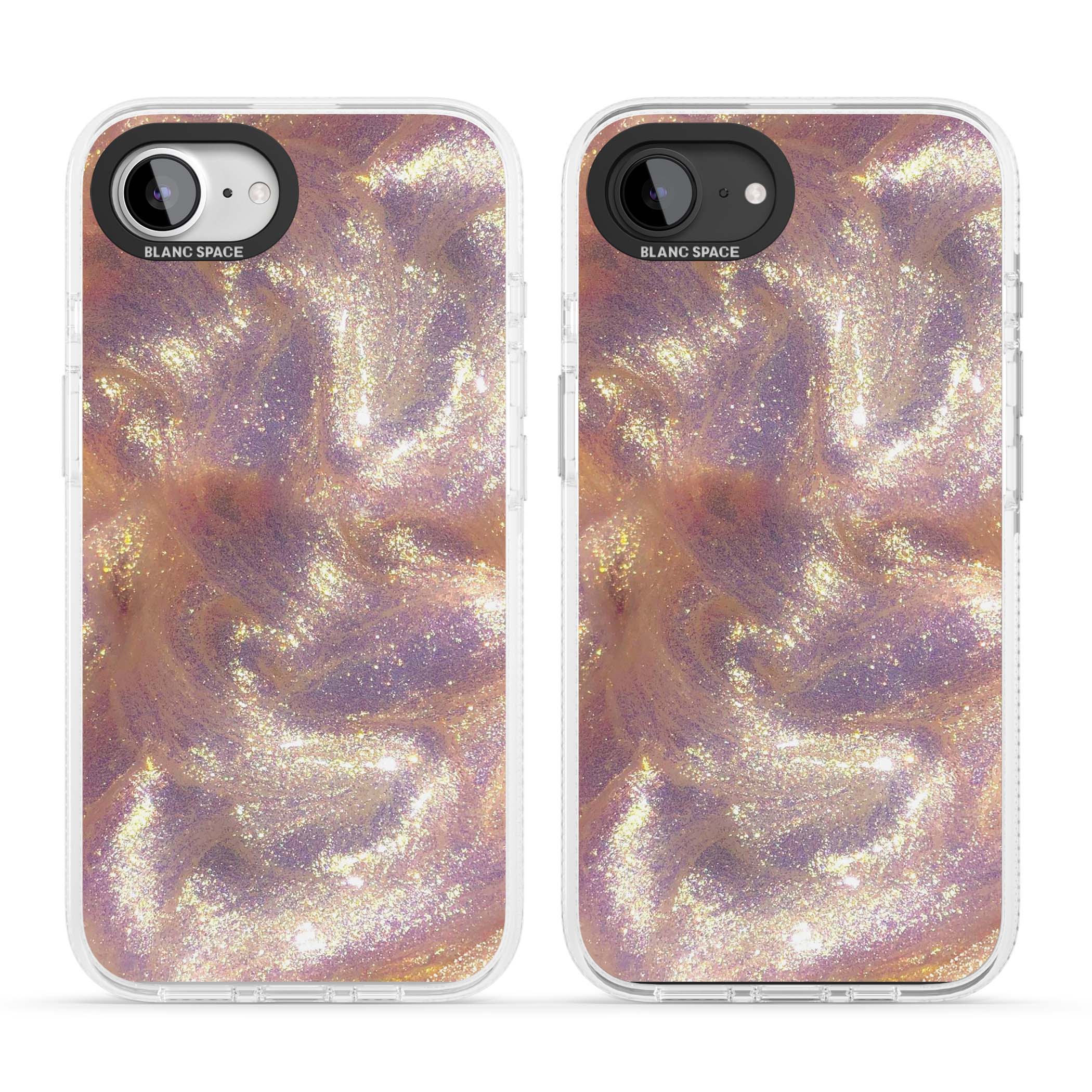 Shimmer marble iPhone case featuring rose gold glitter swirls, lilac shimmer and iridescent pearl finish | Clear Case Impact Air case for iPhone 16e, iPhone 17e