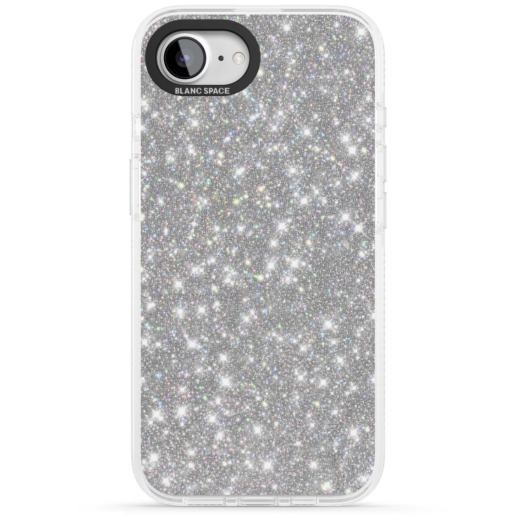 Diamond glam iPhone case featuring silver glitter sparkle and shimmering diamond dust effect | Clear Case Impact Air case for iPhone 16e, iPhone 17e