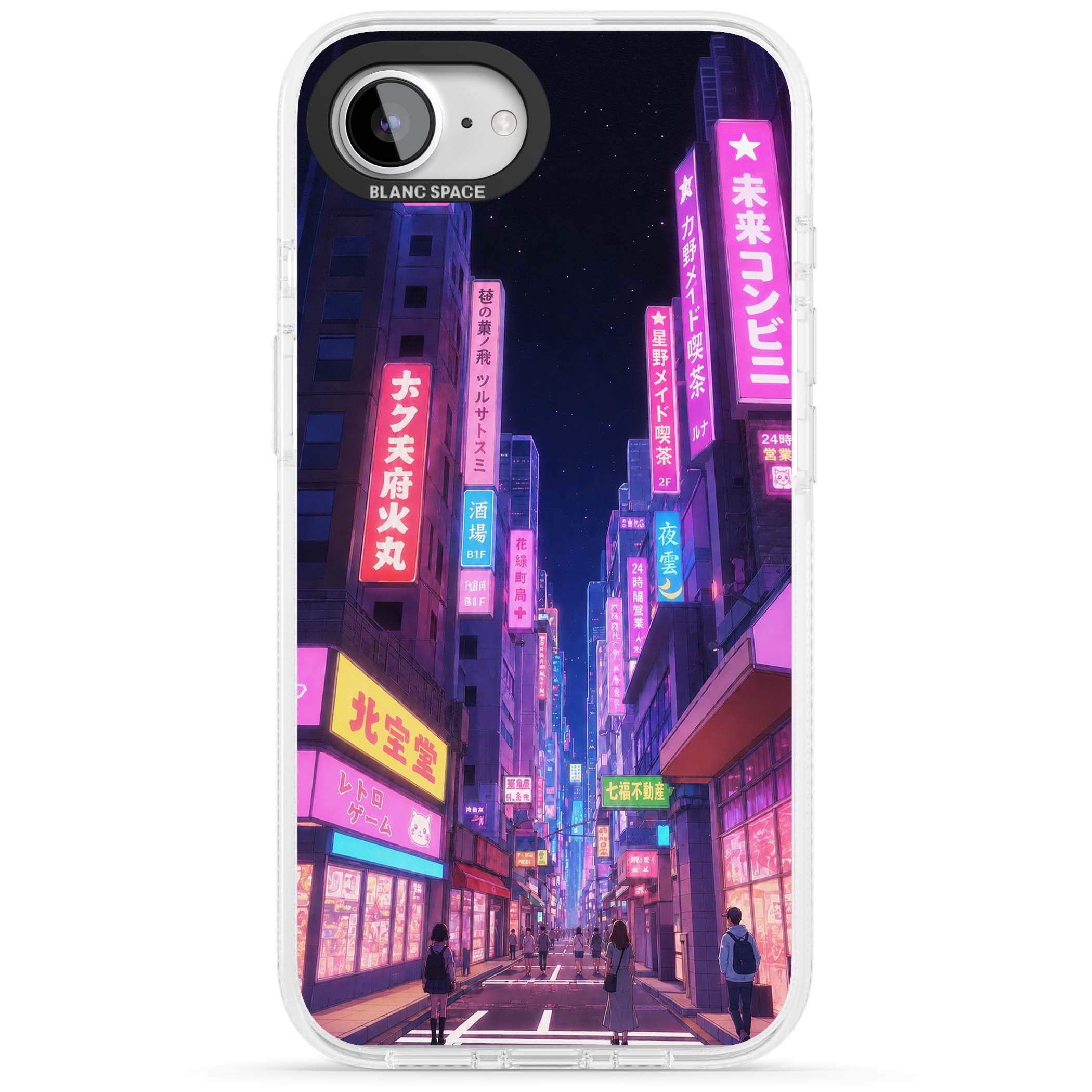 Shibuya At Night Japanese neon city iPhone case featuring glowing kanji signs, pink storefronts and a Tokyo street at n | Clear Case Impact Air case for iPhone 16e, iPhone 17e