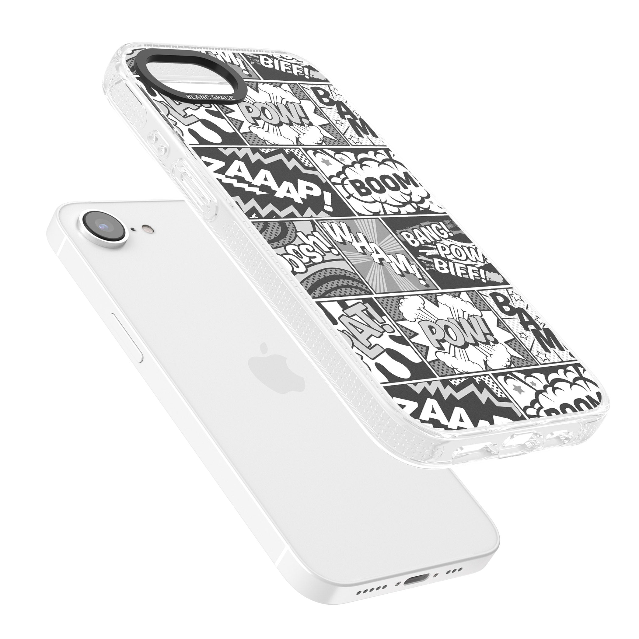 Onomatopoeia (Black & White) iPhone 16e Clear Case Impact Air - Blanc Space
