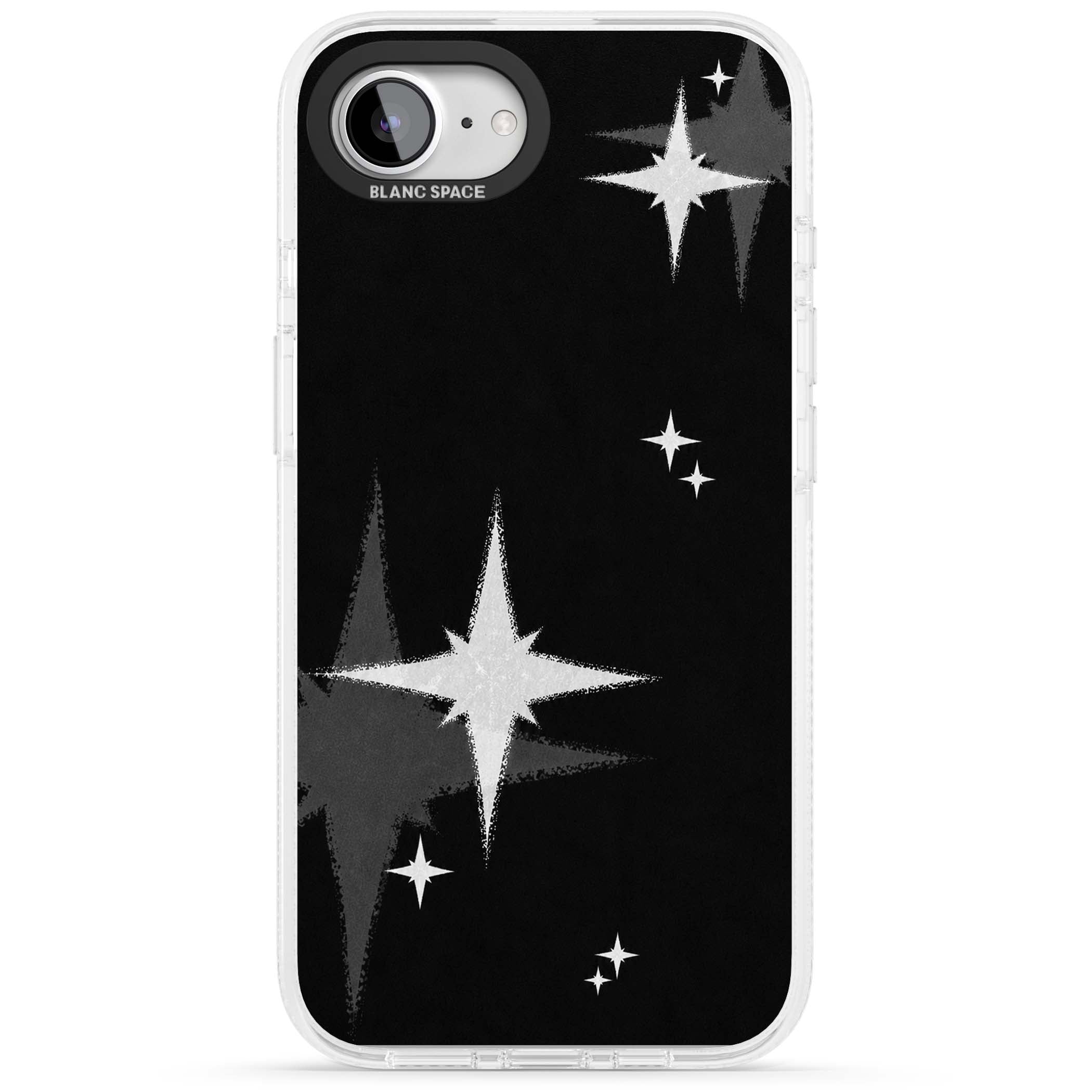 Black Sparkle celestial iPhone case featuring white sparkle stars on a black night sky background | Clear Case Impact Air case for iPhone 16e, iPhone 17e