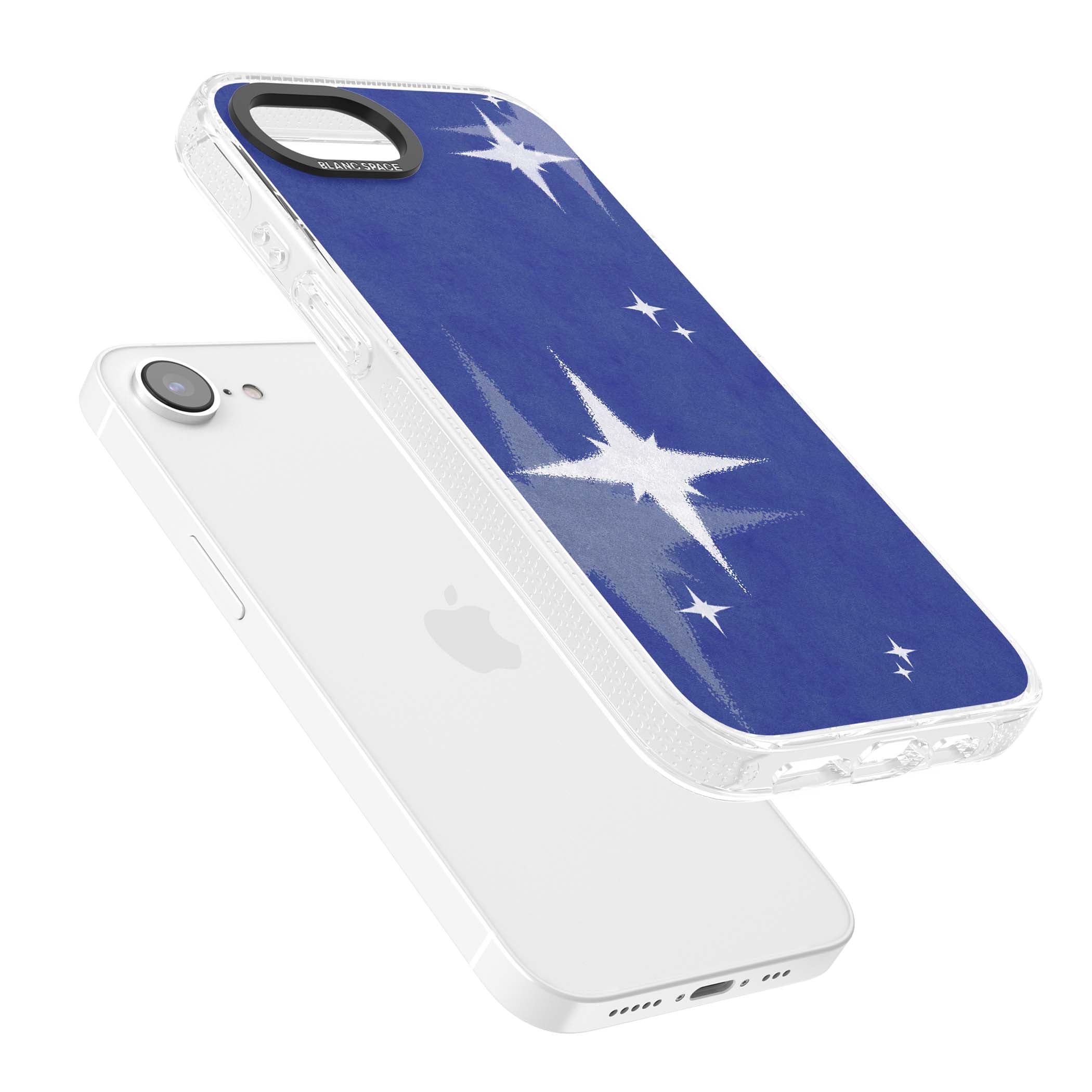 Blue Sparkle celestial iPhone case featuring sparkling silver stars on a deep blue painterly night sky | Clear Case Impact Air case for iPhone 16e, iPhone 17e