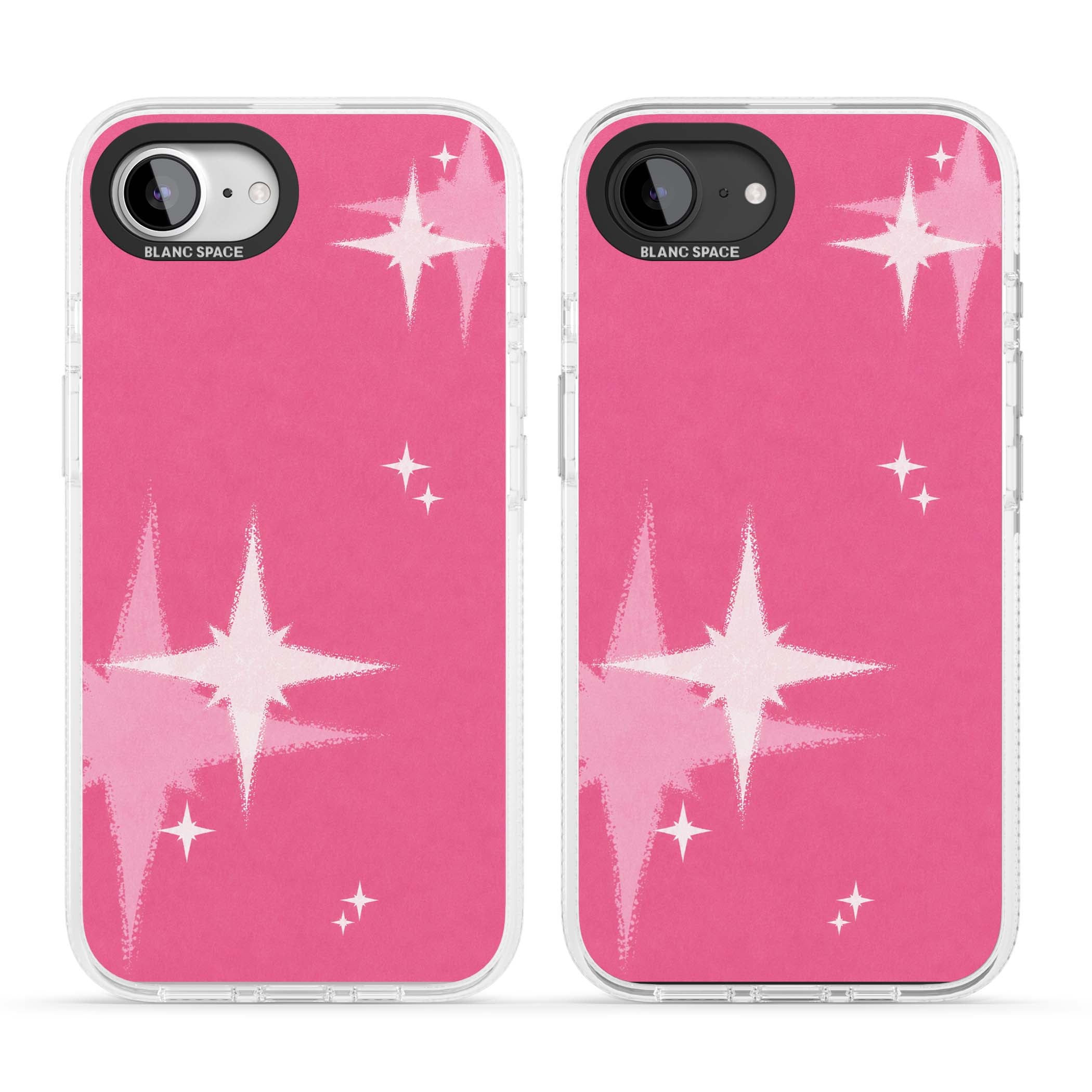 Pink Sparkle Y2K iPhone case featuring hot pink background with shimmering white starburst pattern | Clear Case Impact Air case for iPhone 16e, iPhone 17e