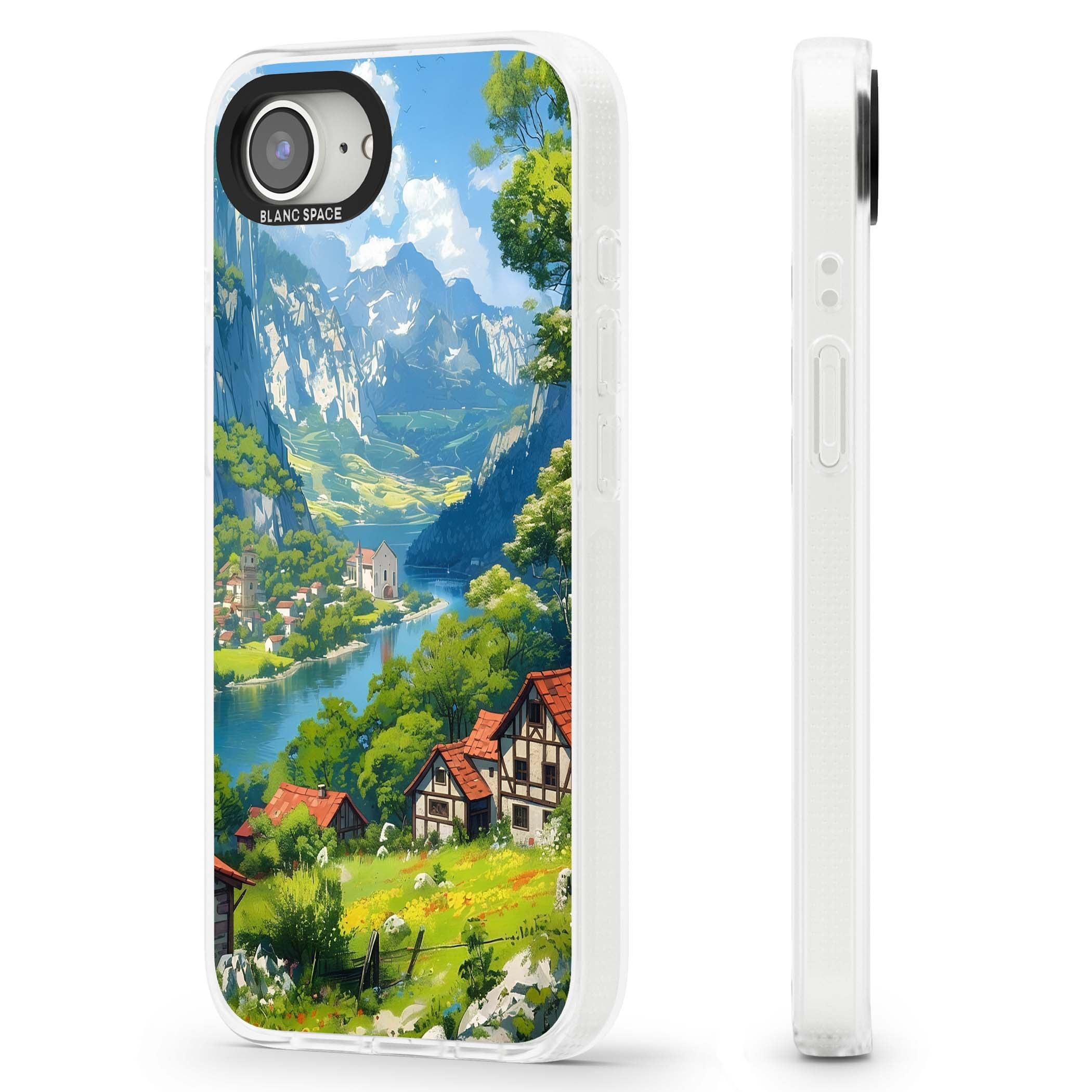 Village In The Valley anime iPhone case featuring a painted mountain village, river valley and half-timbered cottages. | Clear Case Impact Air case for iPhone 16e, iPhone 17e