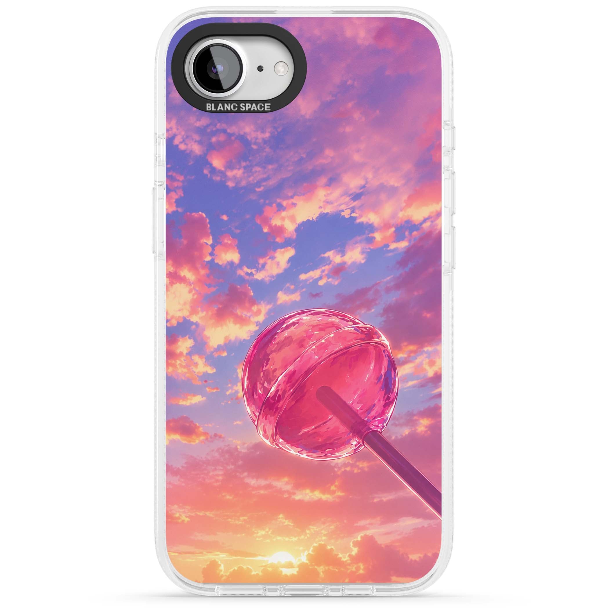 Sugar Sunset candy aesthetic iPhone case featuring a pink lollipop, pastel sunset sky and dreamy clouds | Clear Case Impact Air case for iPhone 16e, iPhone 17e