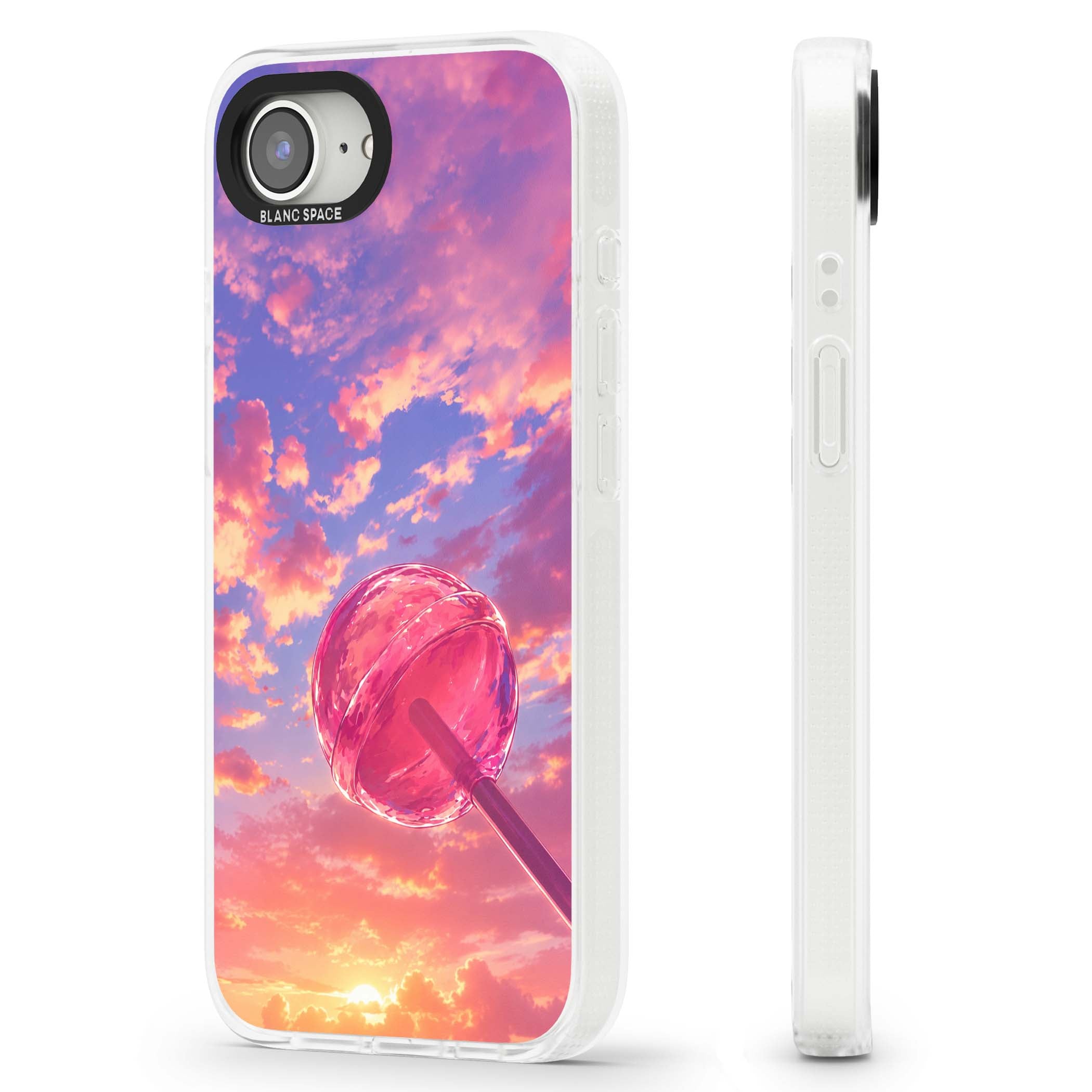 Sugar Sunset candy aesthetic iPhone case featuring a pink lollipop, pastel sunset sky and dreamy clouds | Clear Case Impact Air case for iPhone 16e, iPhone 17e