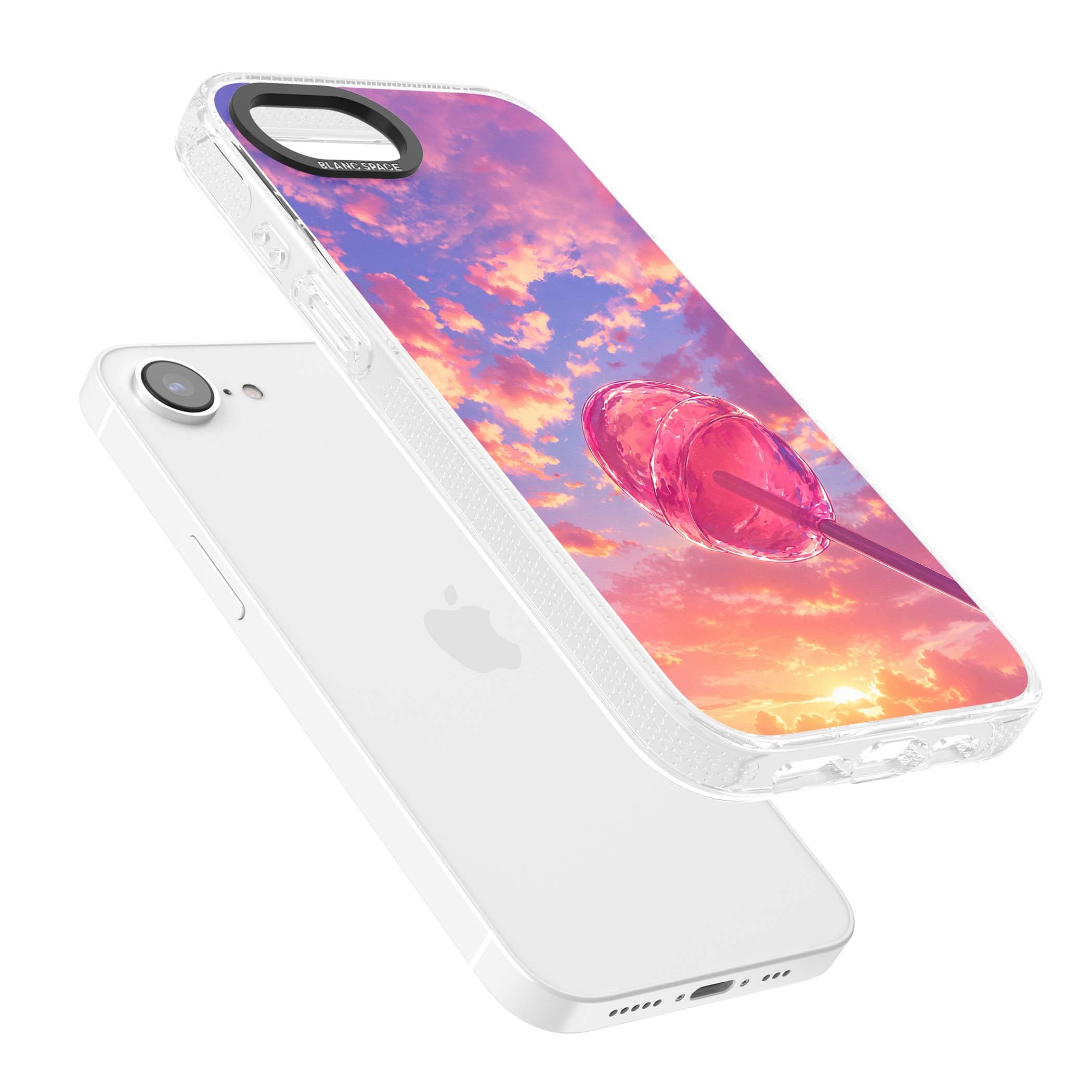 Sugar Sunset candy aesthetic iPhone case featuring a pink lollipop, pastel sunset sky and dreamy clouds | Clear Case Impact Air case for iPhone 16e, iPhone 17e