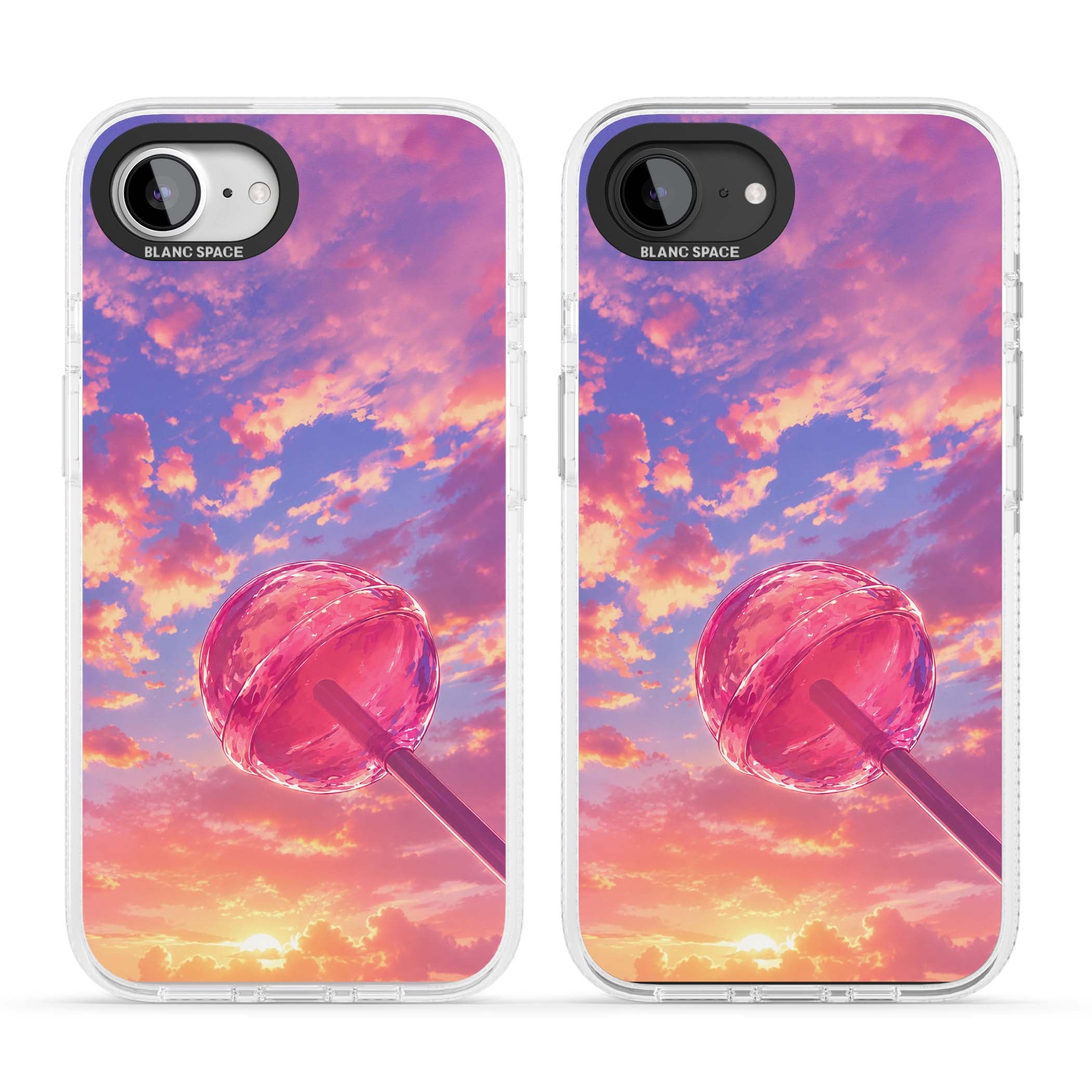 Sugar Sunset candy aesthetic iPhone case featuring a pink lollipop, pastel sunset sky and dreamy clouds | Clear Case Impact Air case for iPhone 16e, iPhone 17e