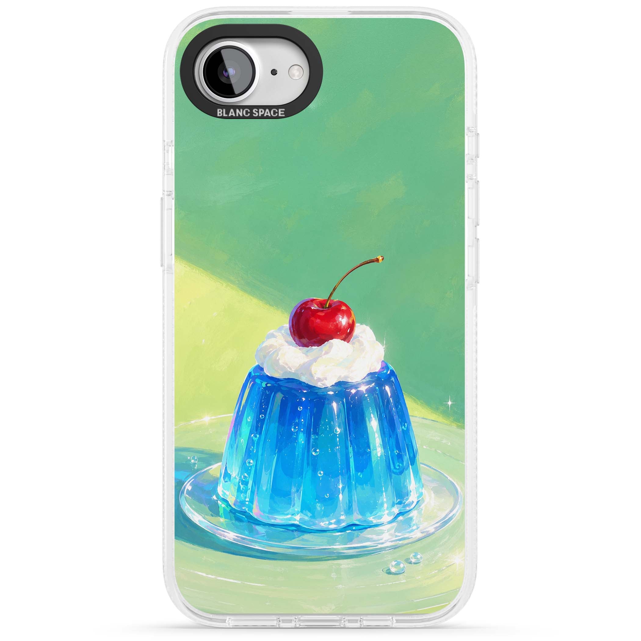 Cherry Jelly kawaii dessert iPhone case featuring blue jelly pudding, whipped cream and a red cherry | Clear Case Impact Air case for iPhone 16e, iPhone 17e