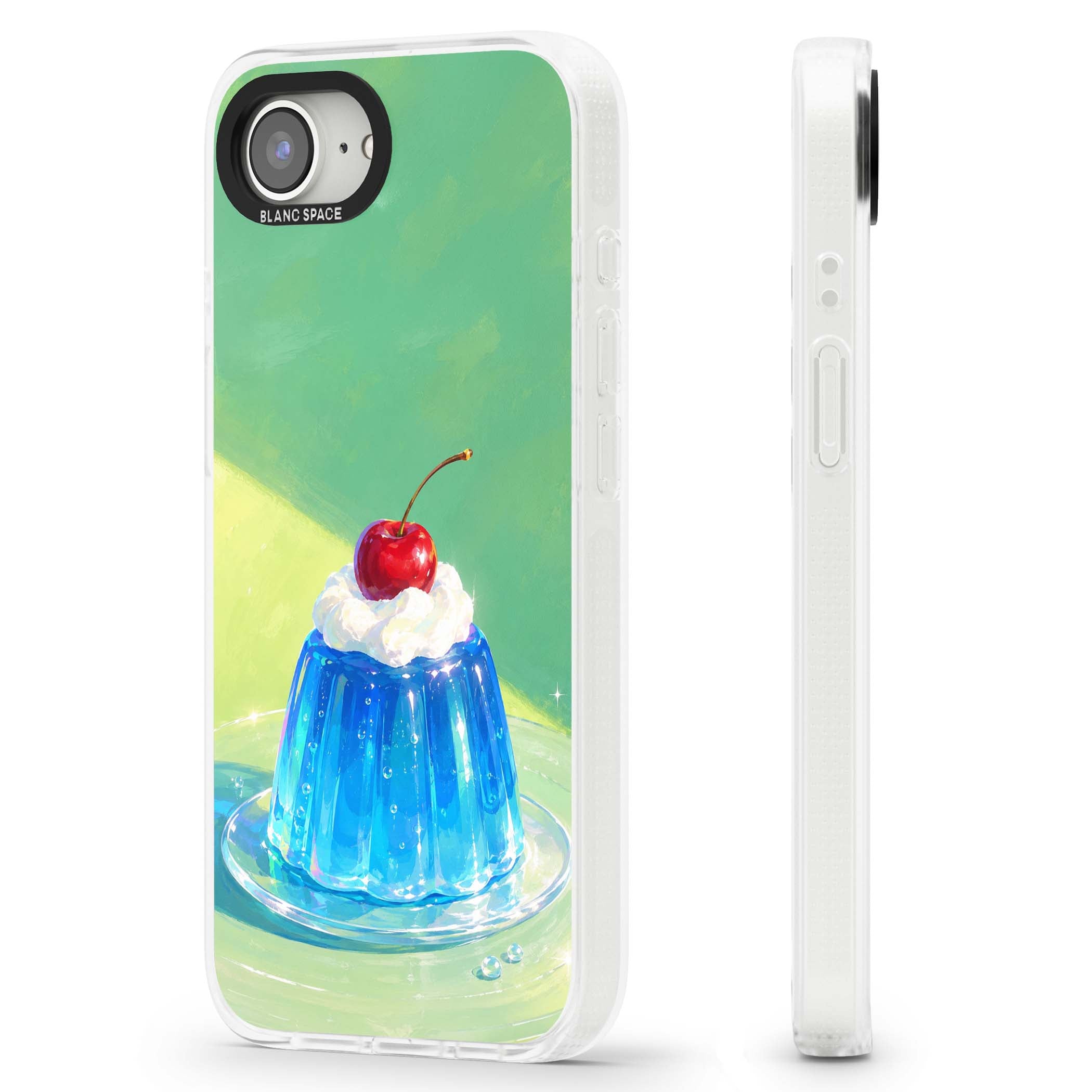 Cherry Jelly kawaii dessert iPhone case featuring blue jelly pudding, whipped cream and a red cherry | Clear Case Impact Air case for iPhone 16e, iPhone 17e