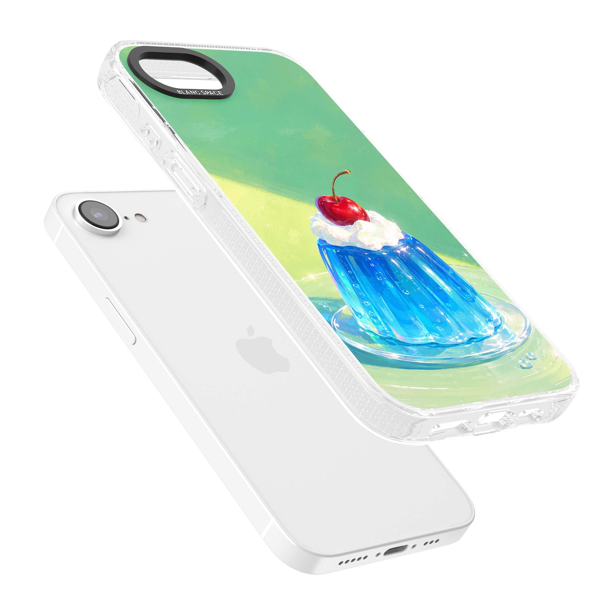 Cherry Jelly kawaii dessert iPhone case featuring blue jelly pudding, whipped cream and a red cherry | Clear Case Impact Air case for iPhone 16e, iPhone 17e