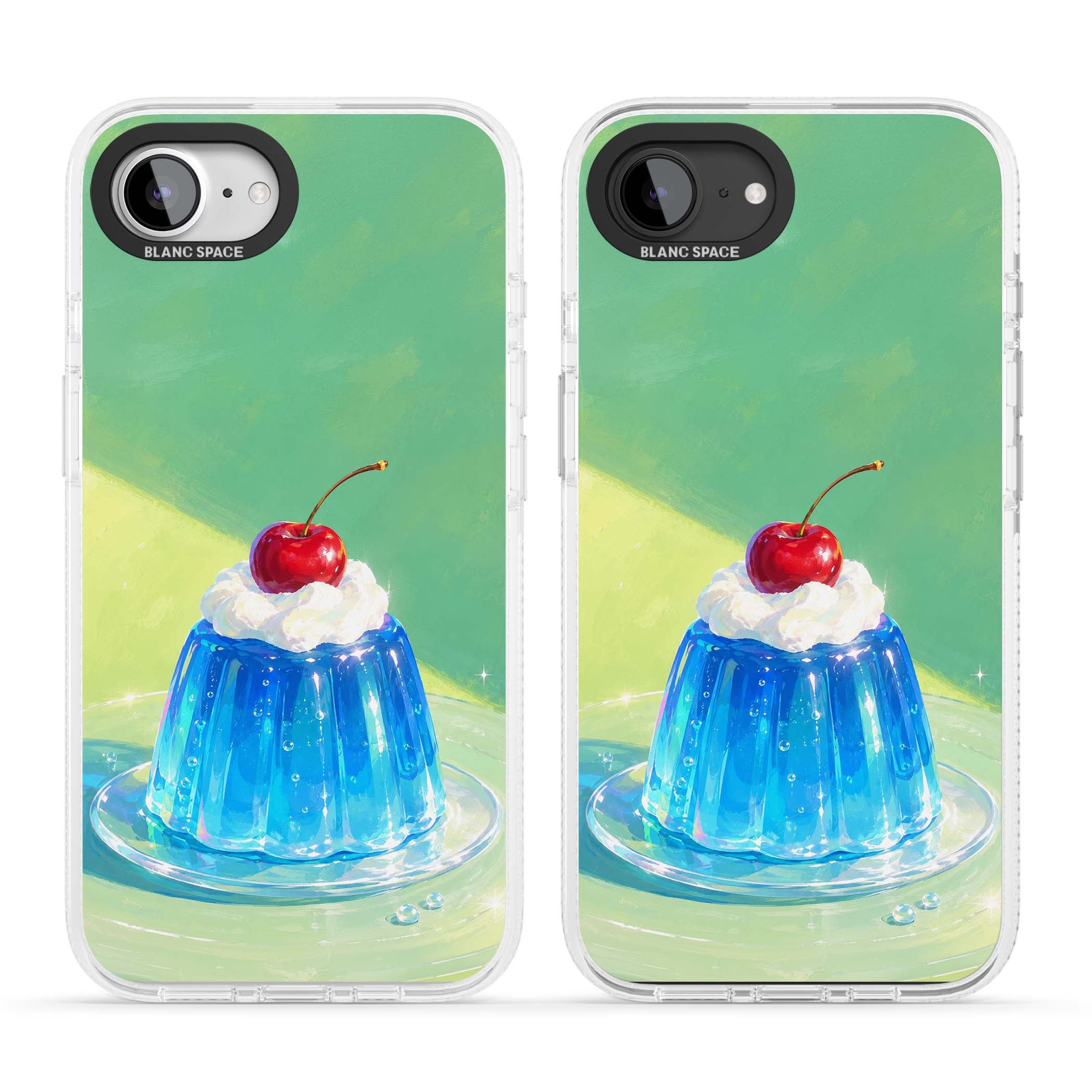 Cherry Jelly kawaii dessert iPhone case featuring blue jelly pudding, whipped cream and a red cherry | Clear Case Impact Air case for iPhone 16e, iPhone 17e