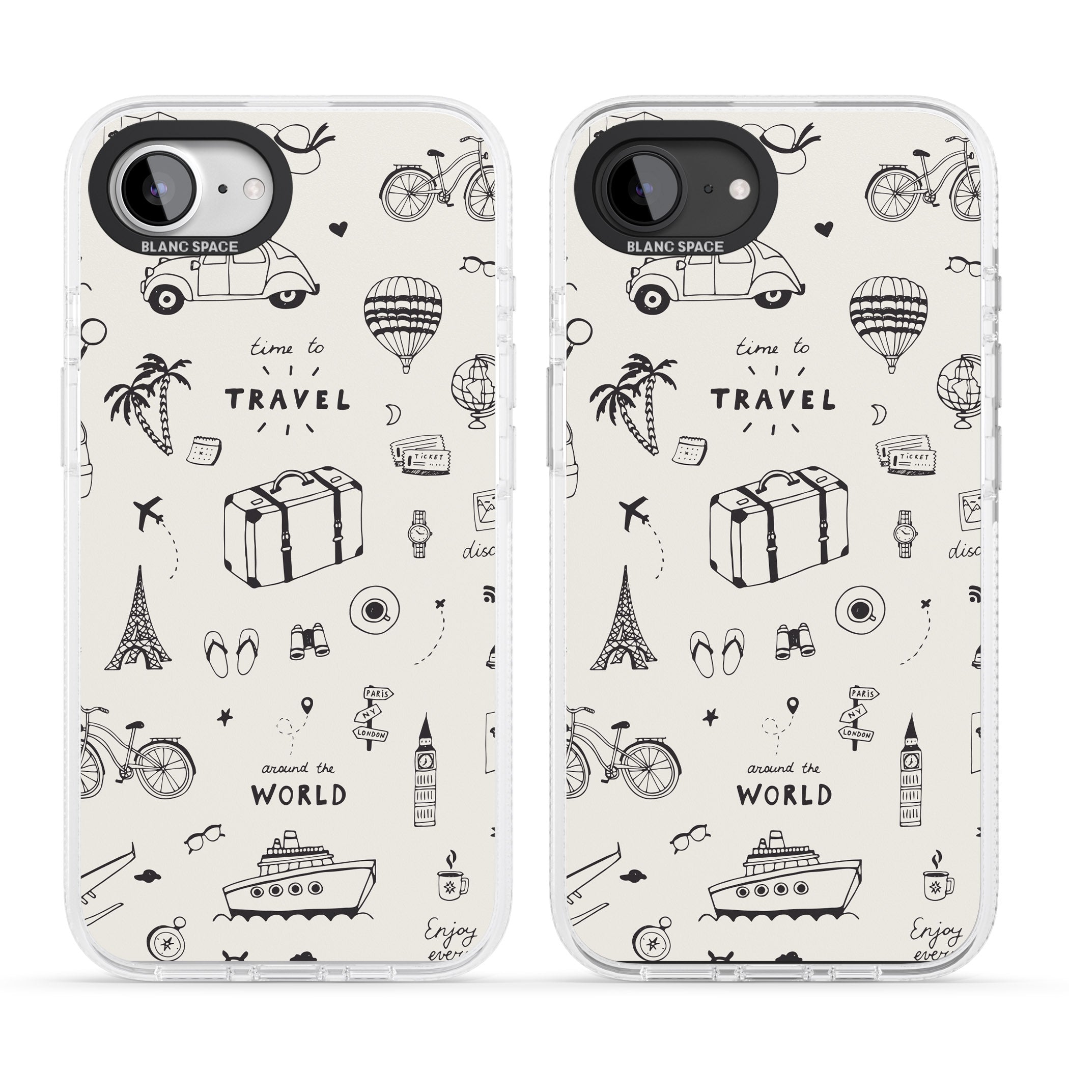 Cute Travel Pattern, White on iPhone 16e Clear Case Impact Air - Blanc Space