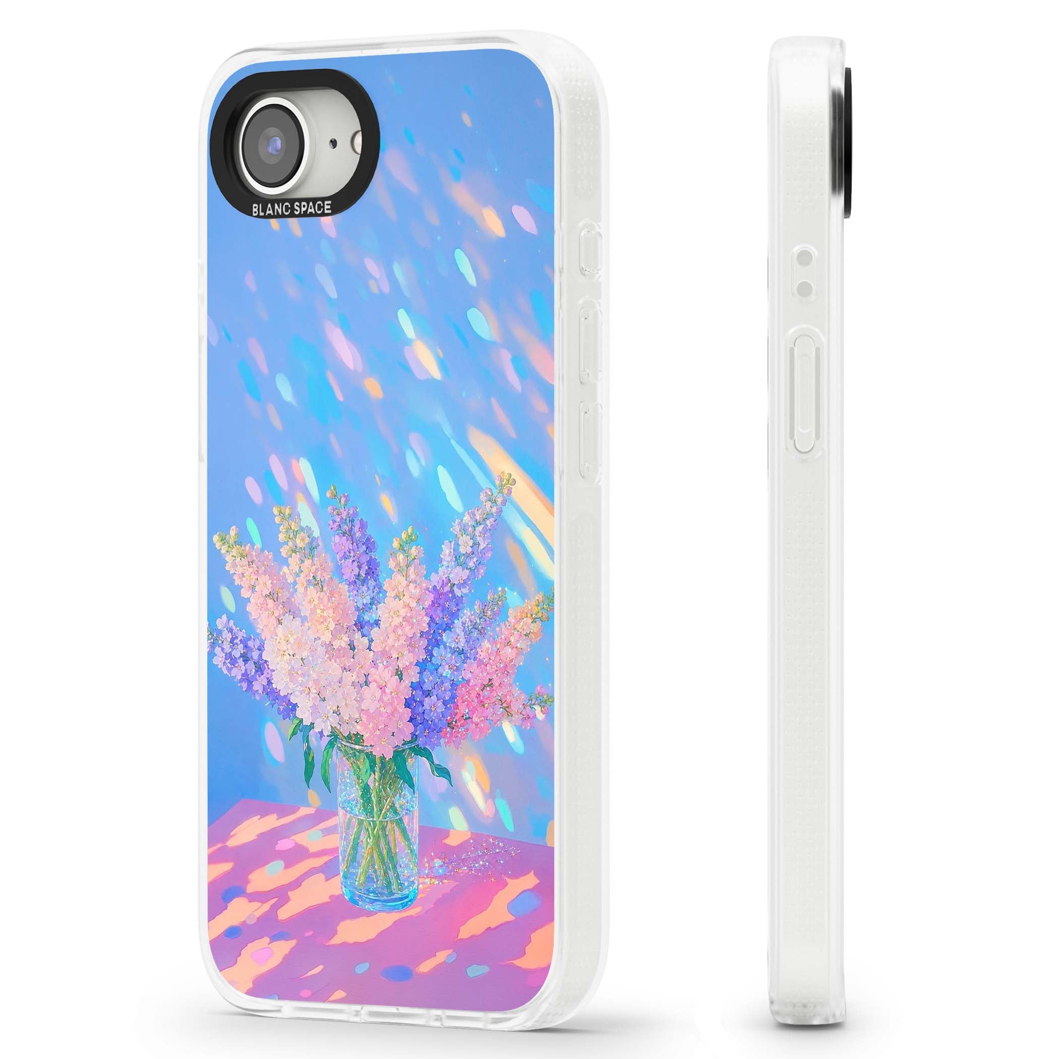 Bubblegum Flowers floral iPhone case featuring pastel lilac and pink bouquet in a glass vase with iridescent light | Clear Case Impact Air case for iPhone 16e, iPhone 17e