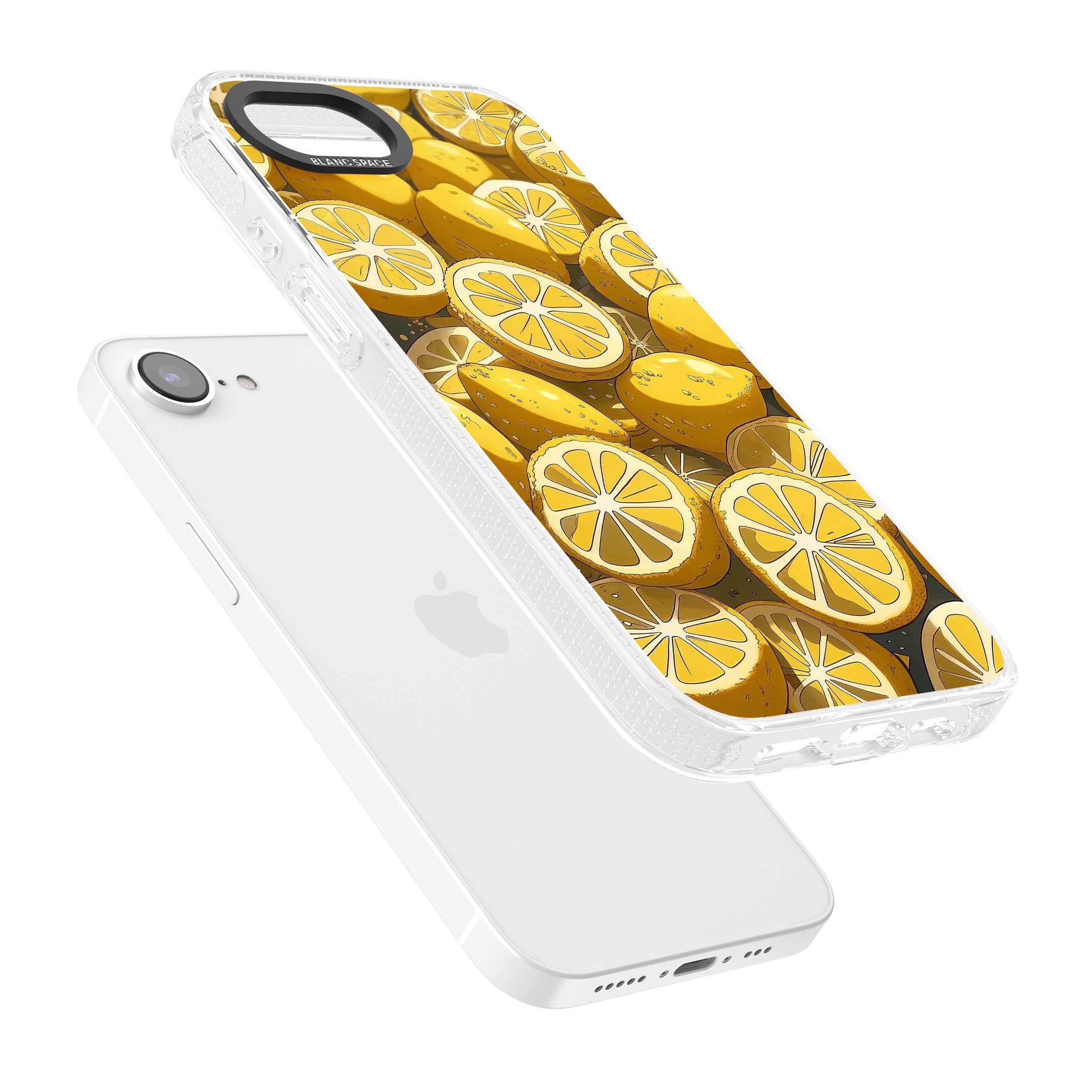 Zesty coastal iPhone case featuring illustrated Mediterranean lemons and citrus slices in golden yellow | Clear Case Impact Air case for iPhone 16e, iPhone 17e
