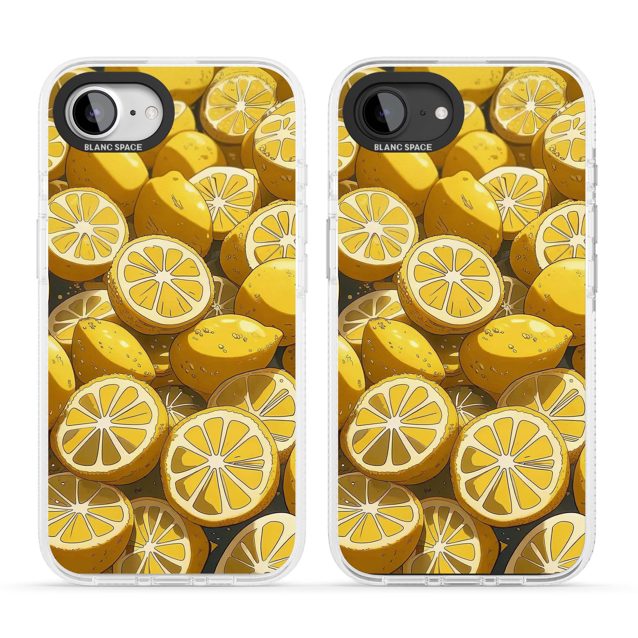 Zesty coastal iPhone case featuring illustrated Mediterranean lemons and citrus slices in golden yellow | Clear Case Impact Air case for iPhone 16e, iPhone 17e