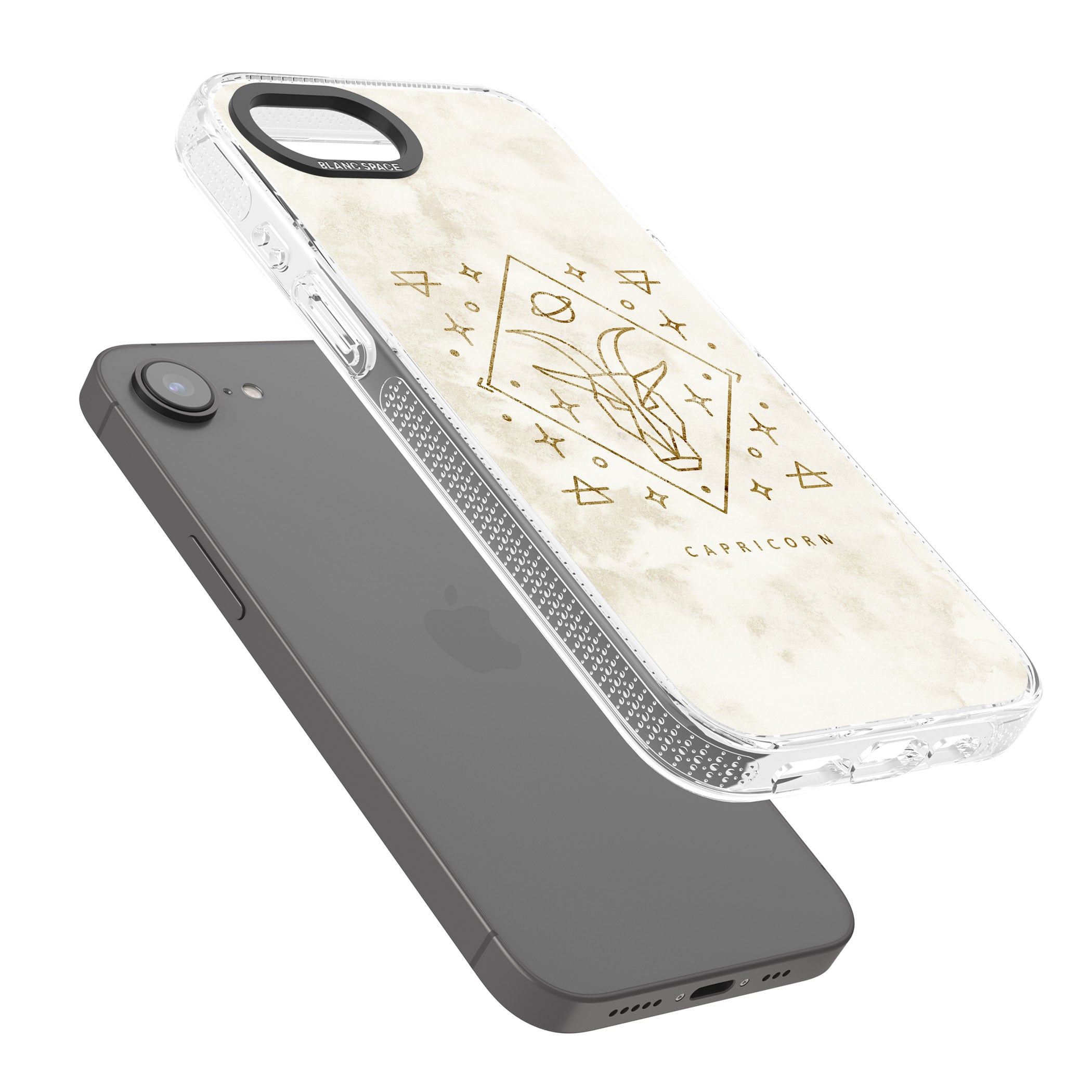 Capricorn Emblem - Solid Gold Marbled Design iPhone 16e Clear Case Impact Air - Blanc Space