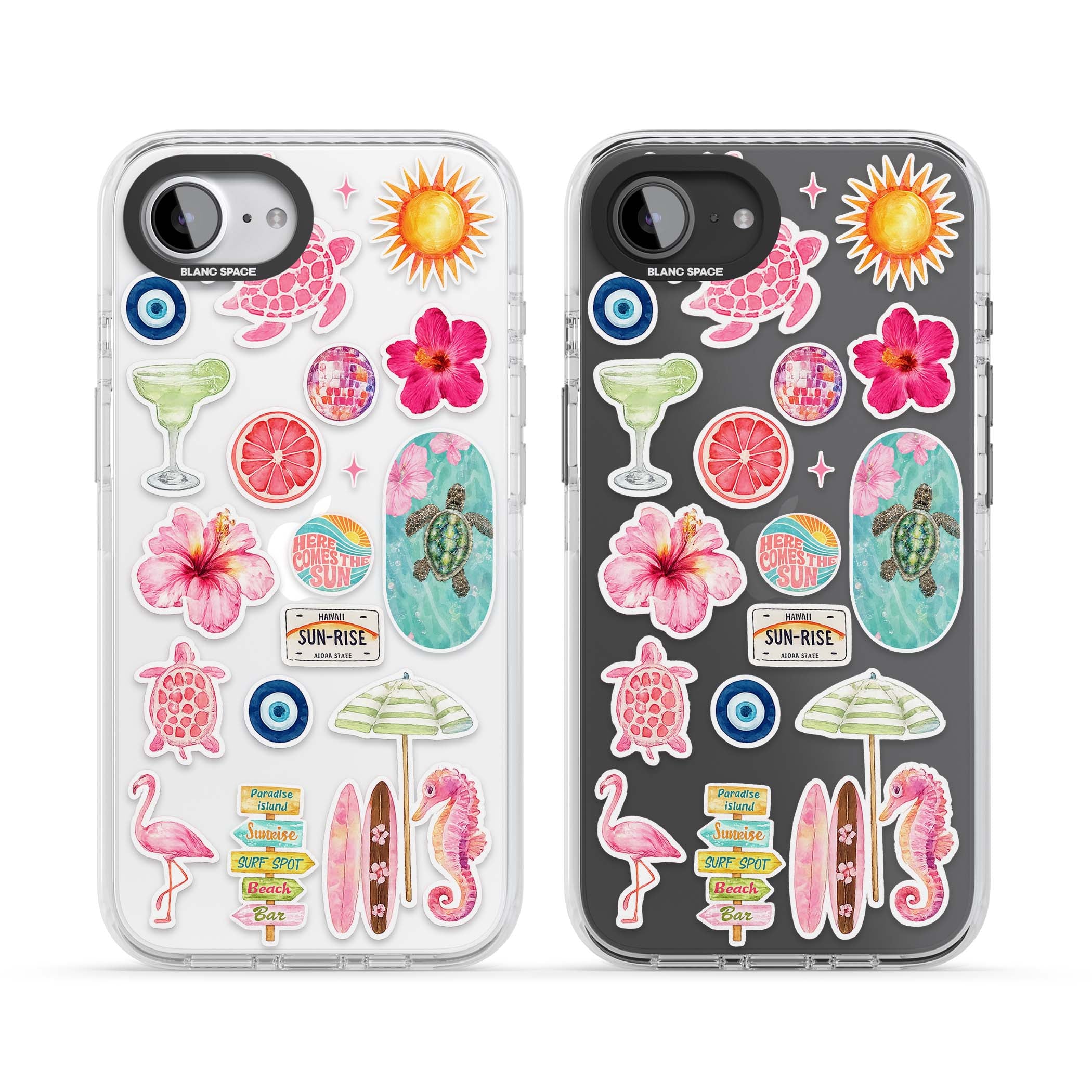 Aloha Sticker Mix tropical summer iPhone case featuring pink hibiscus, sea turtles, flamingo and beach umbrella stickers | Clear Impact case for iPhone 16e, iPhone 17e