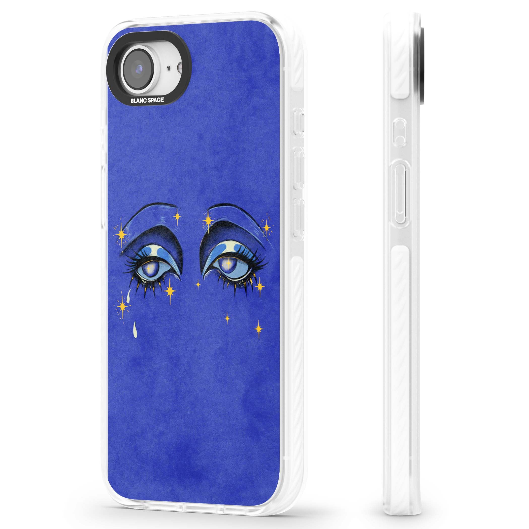 Blue Mystic Eyes celestial iPhone case featuring hand drawn blue mystical eyes, golden stars and a painted tear on indigo | Clear Impact case for iPhone 16e, iPhone 17e