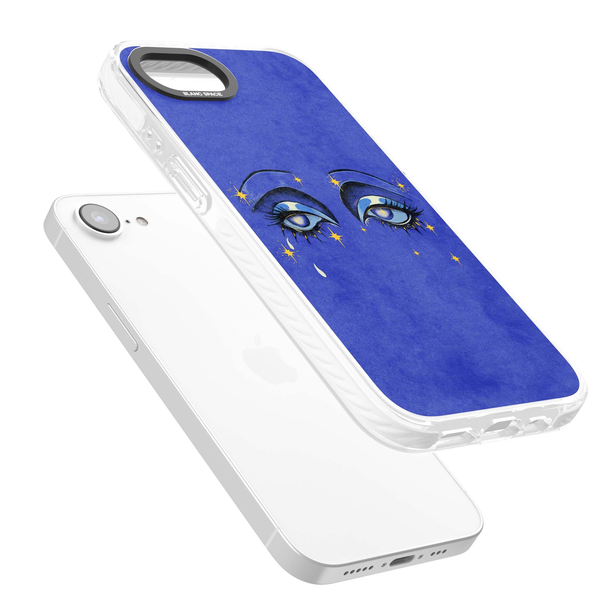 Blue Mystic Eyes celestial iPhone case featuring hand drawn blue mystical eyes, golden stars and a painted tear on indigo | Clear Impact case for iPhone 16e, iPhone 17e