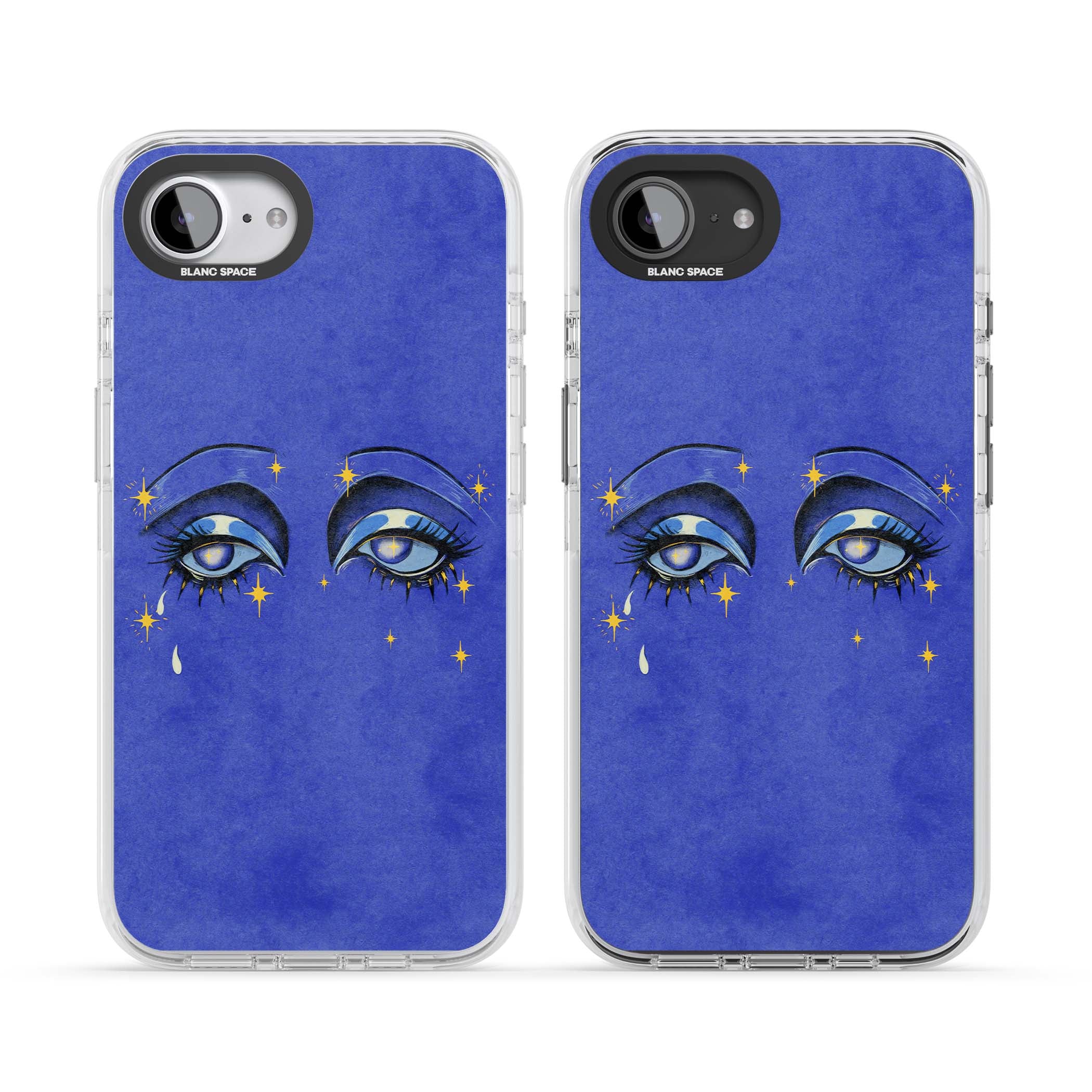 Blue Mystic Eyes celestial iPhone case featuring hand drawn blue mystical eyes, golden stars and a painted tear on indigo | Clear Impact case for iPhone 16e, iPhone 17e