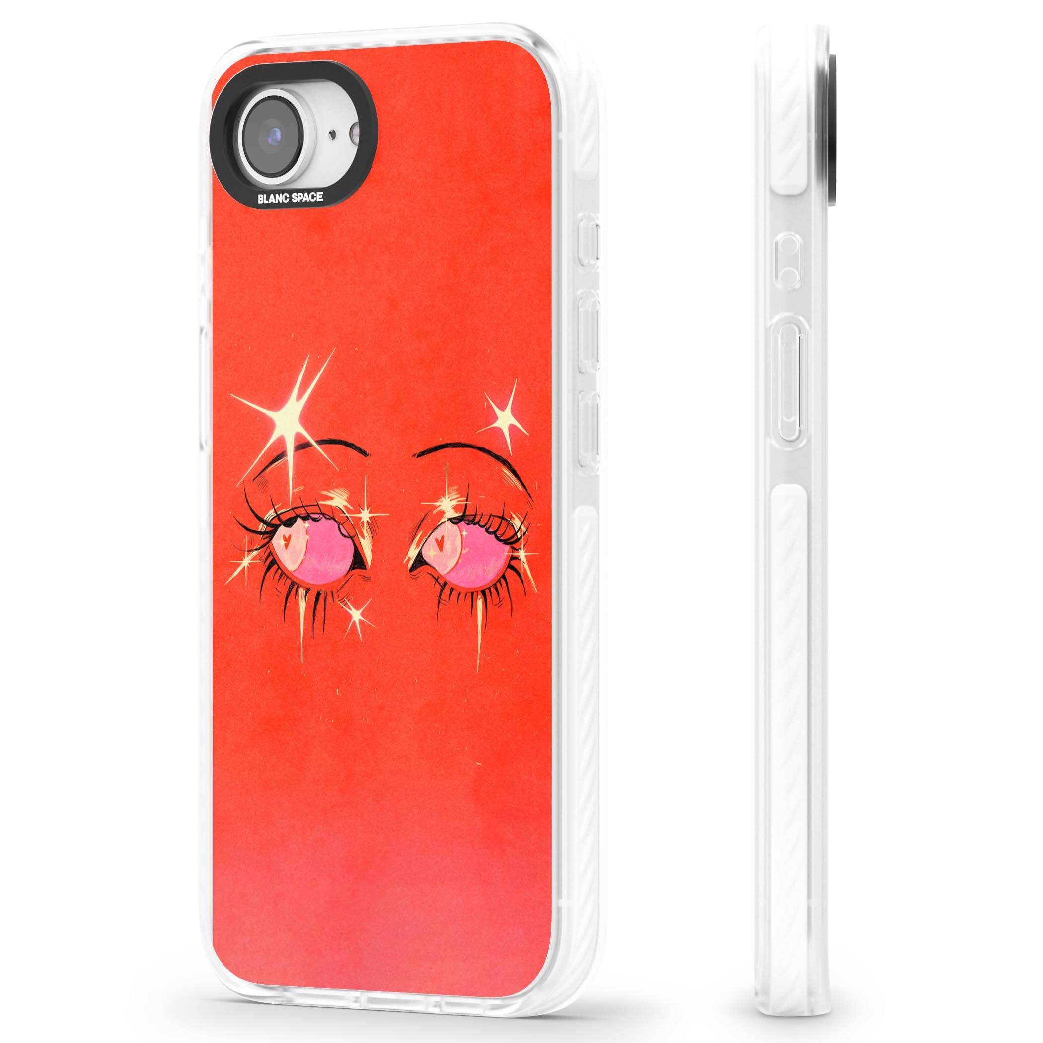 Pink Ethereal Eyes anime iPhone case featuring hand-drawn sparkly eyes with pink hearts and gold stars on red | Clear Impact case for iPhone 16e, iPhone 17e