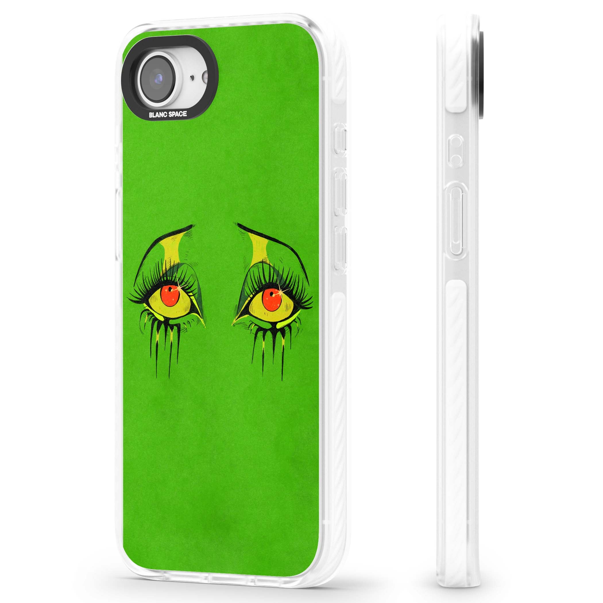 Green Enchanted Eyes psychedelic art iPhone case featuring hand-drawn dripping eyes on neon green background | Clear Impact case for iPhone 16e, iPhone 17e