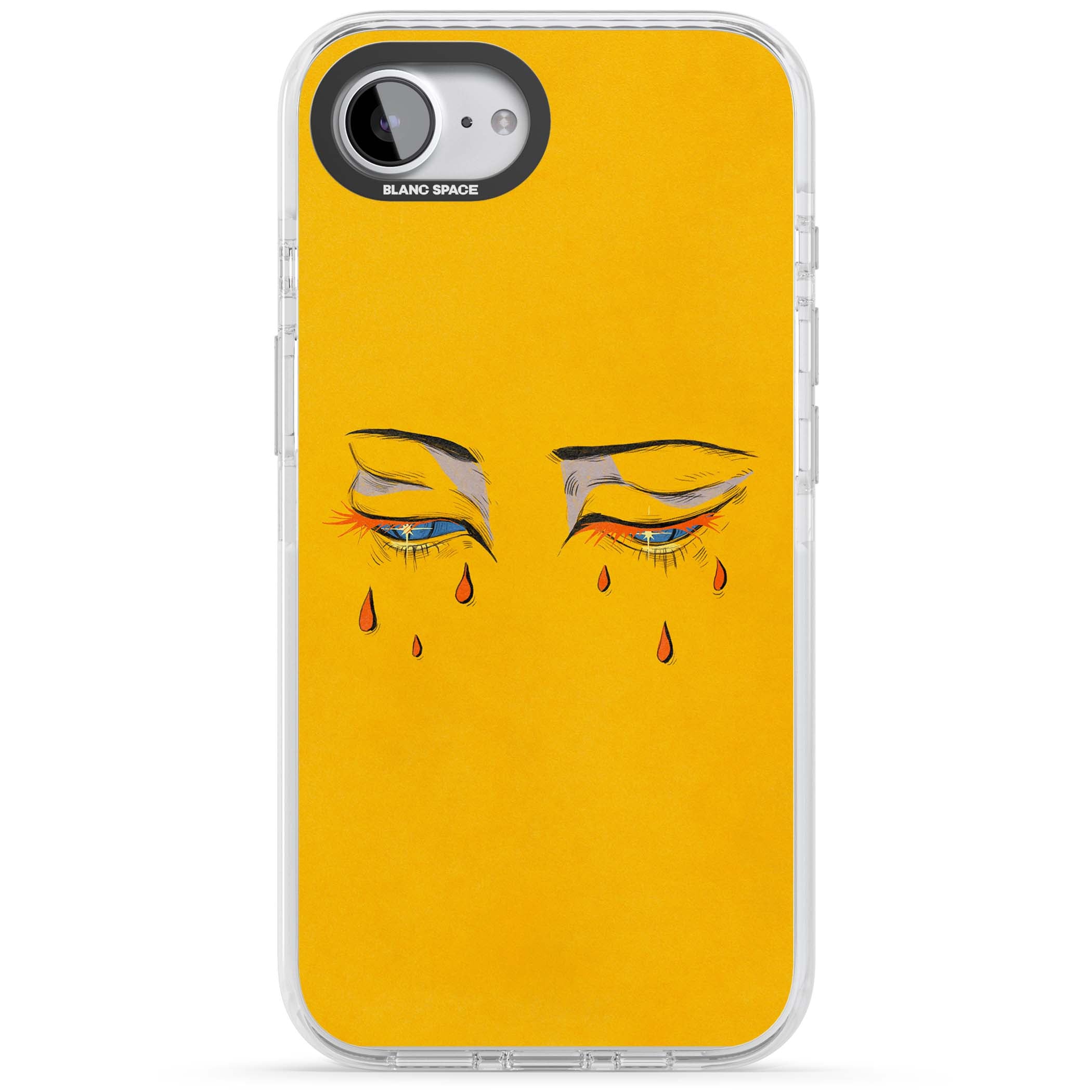 Yellow Tearful Eyes indie iPhone case featuring hand-drawn crying eyes with orange tears on a yellow background | Clear Impact case for iPhone 16e, iPhone 17e