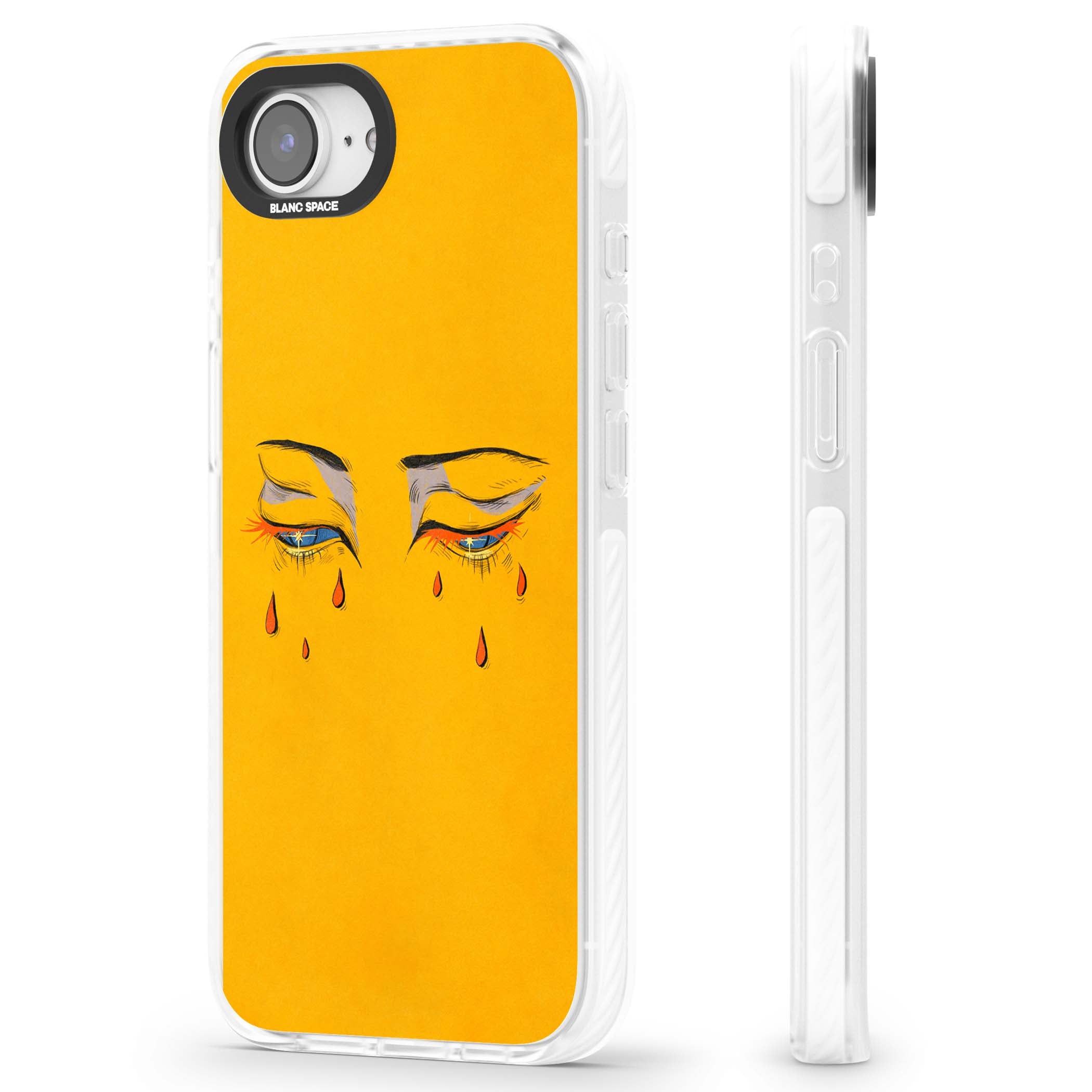 Yellow Tearful Eyes indie iPhone case featuring hand-drawn crying eyes with orange tears on a yellow background | Clear Impact case for iPhone 16e, iPhone 17e