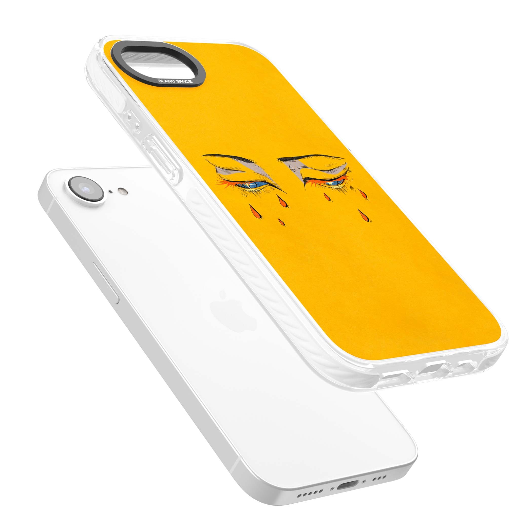 Yellow Tearful Eyes indie iPhone case featuring hand-drawn crying eyes with orange tears on a yellow background | Clear Impact case for iPhone 16e, iPhone 17e