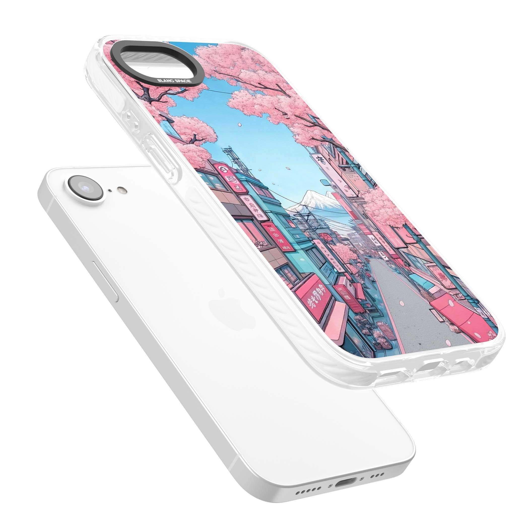 Sakura Lane anime iPhone case featuring Tokyo street scene with cherry blossoms and Mount Fuji | Clear Impact case for iPhone 16e, iPhone 17e