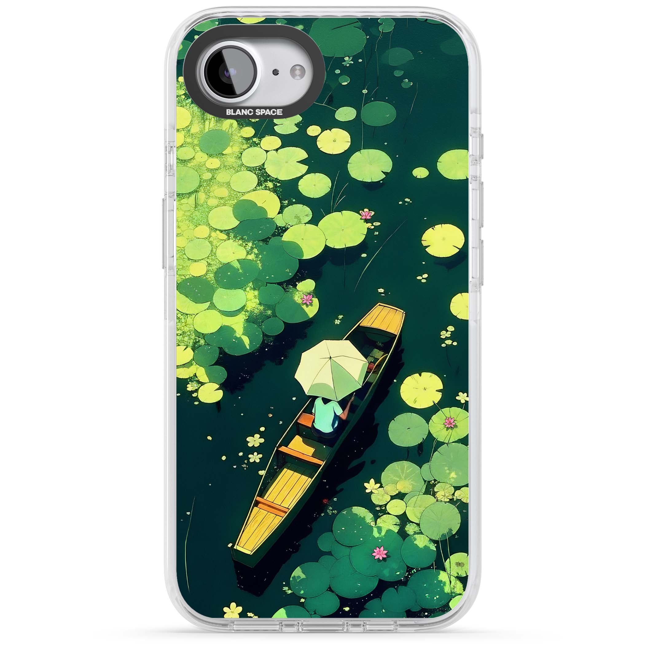 Jade Waters cottagecore iPhone case featuring a painted lily pond, wooden boat with parasol and floating water lilies | Clear Impact case for iPhone 16e, iPhone 17e