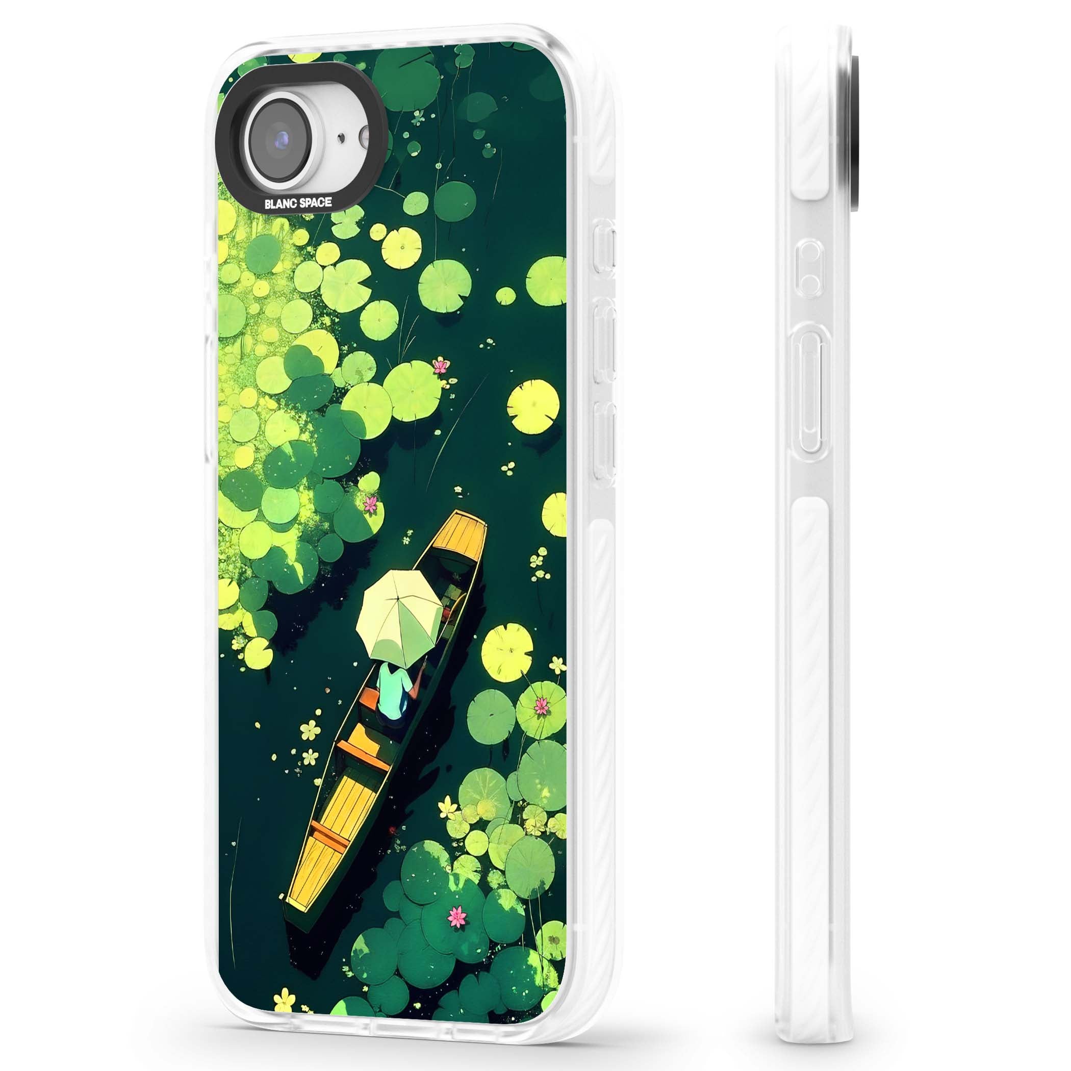 Jade Waters cottagecore iPhone case featuring a painted lily pond, wooden boat with parasol and floating water lilies | Clear Impact case for iPhone 16e, iPhone 17e