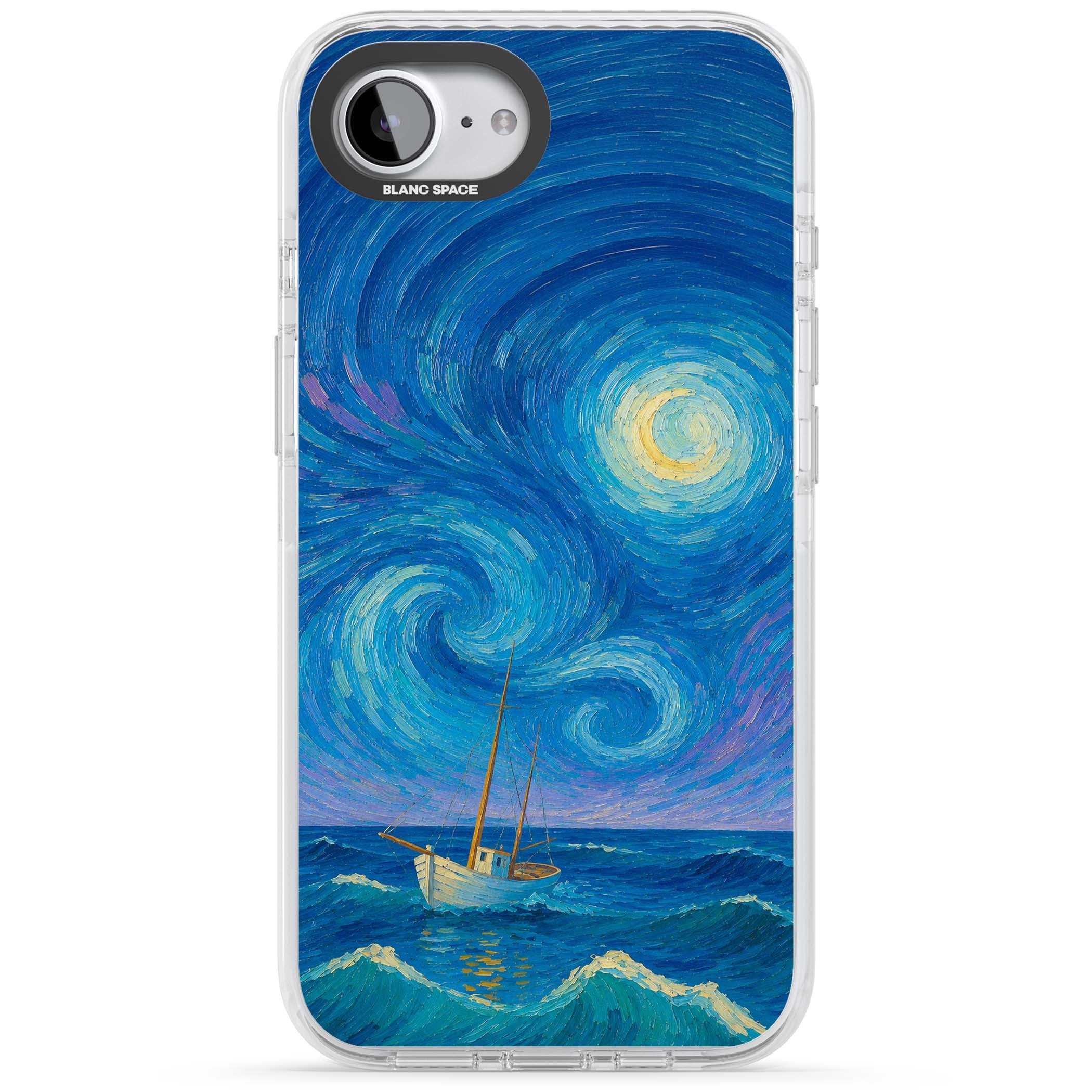 Moonlit Tide Van Gogh art iPhone case featuring swirling starry night sky, glowing moon and lone sailing boat at sea | Clear Impact case for iPhone 16e, iPhone 17e